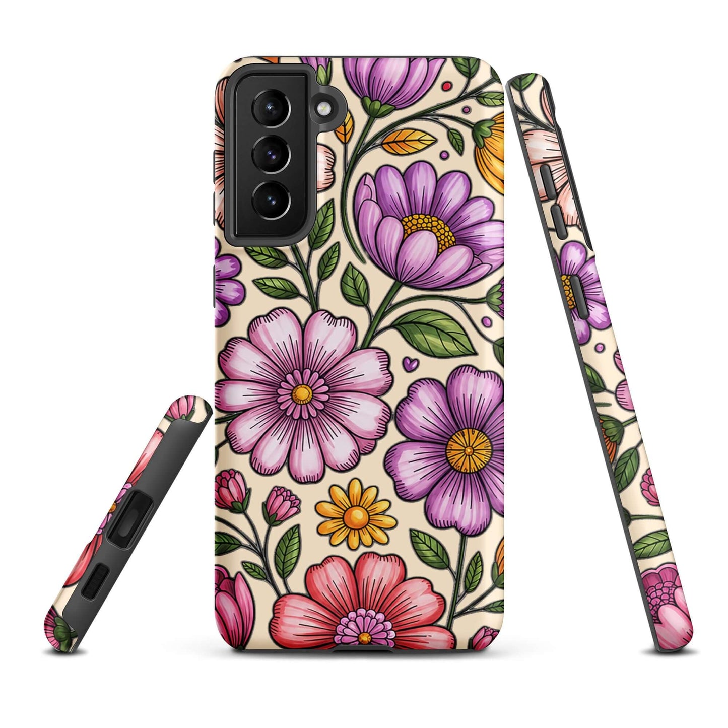 Pastel floral Phone Case for Samsung Galaxy featuring pink, peach, lavender, and yellow flowers on a durable polycarbonate shell.