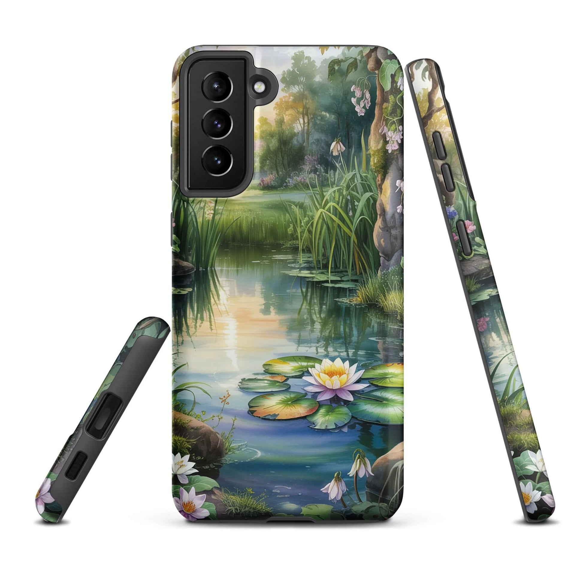 Decorative Phone Case for Samsung Galaxy featuring a serene enchanted pond design with water lilies and lush greenery.