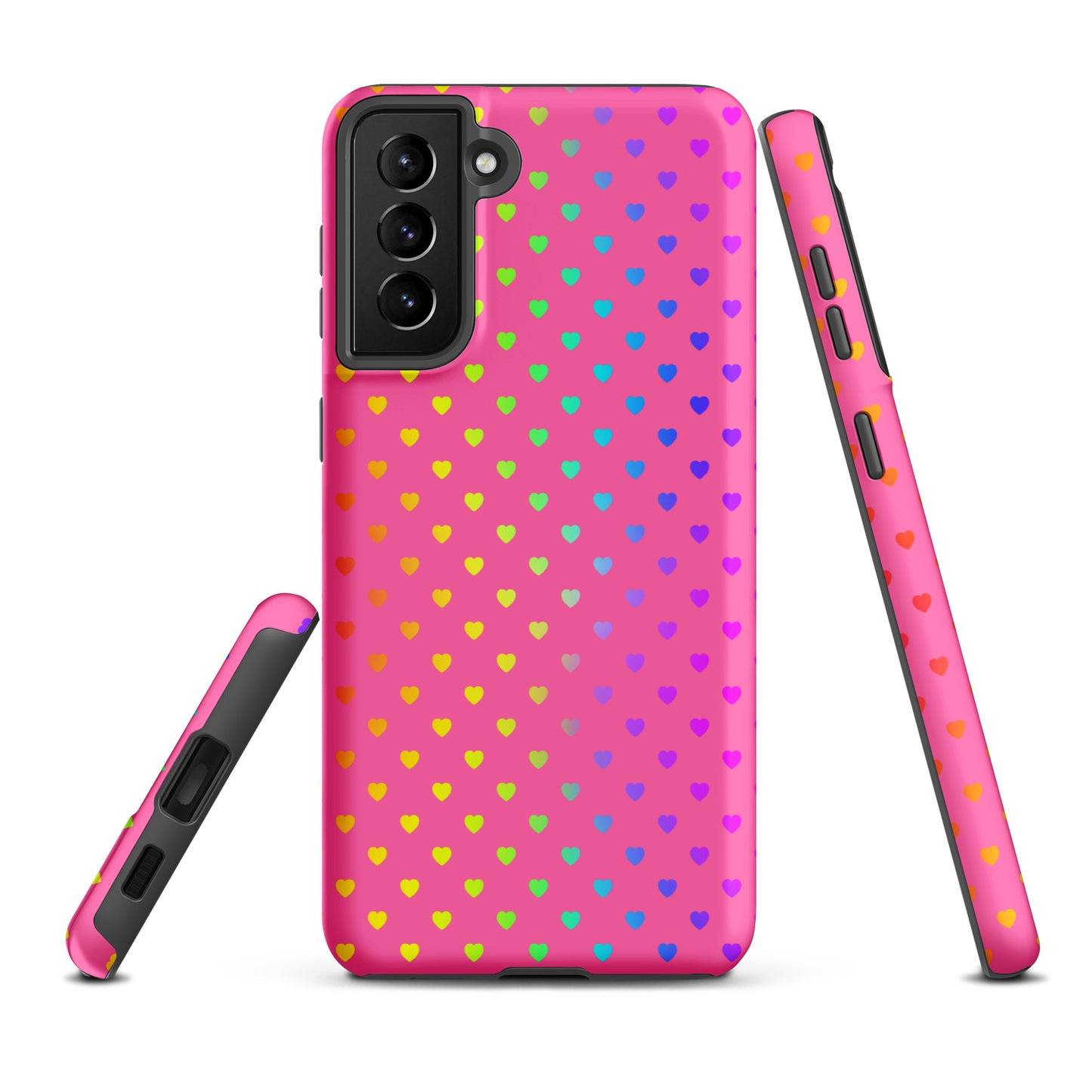 phone case for Samsung Galaxy with cute rainbow hearts on pink background