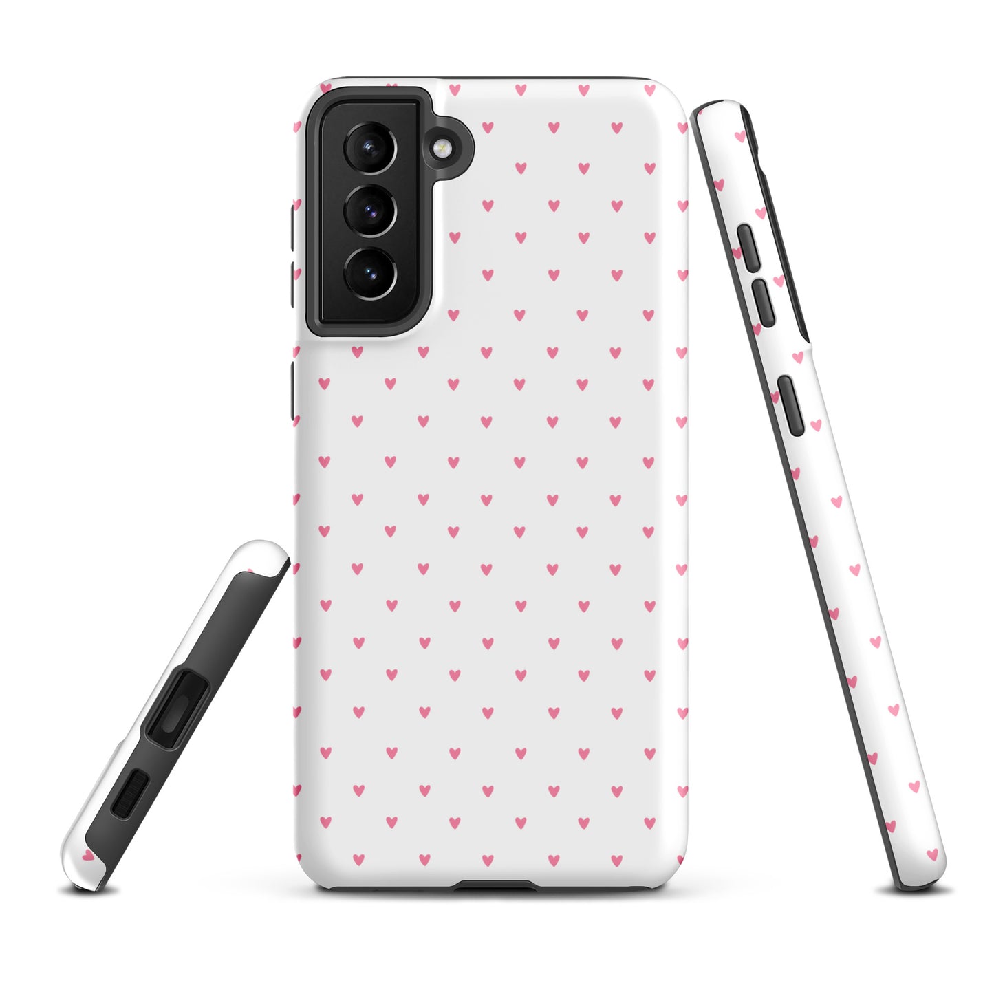 Phone Case for Samsung Galaxy with heart-dot pattern, playful design with tiny hearts on white background. Stylish and modern accessory.