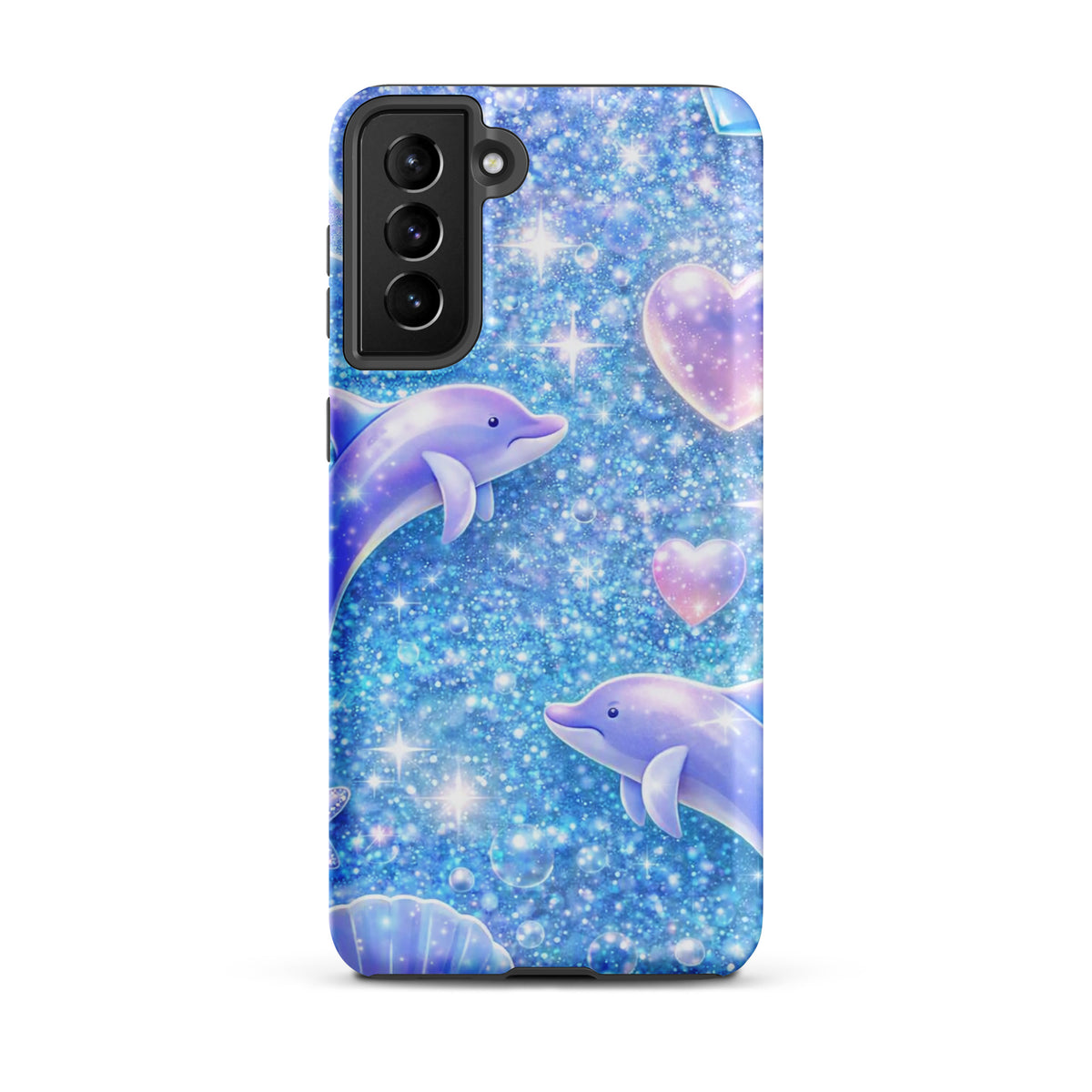 Phone Case for Samsung Galaxy with Ocean Glitter Dolphins design featuring shimmering glitter, floating dolphins, and pastel celestial accents.