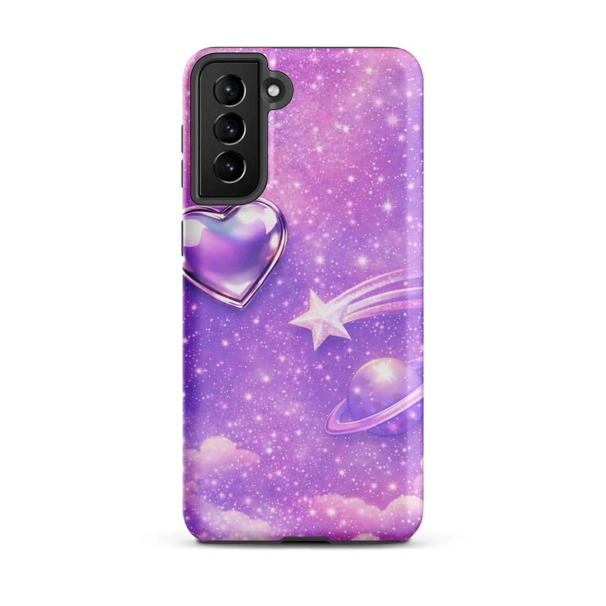 Phone Case for Samsung Galaxy with cosmic heart, shooting star, and pastel clouds design.