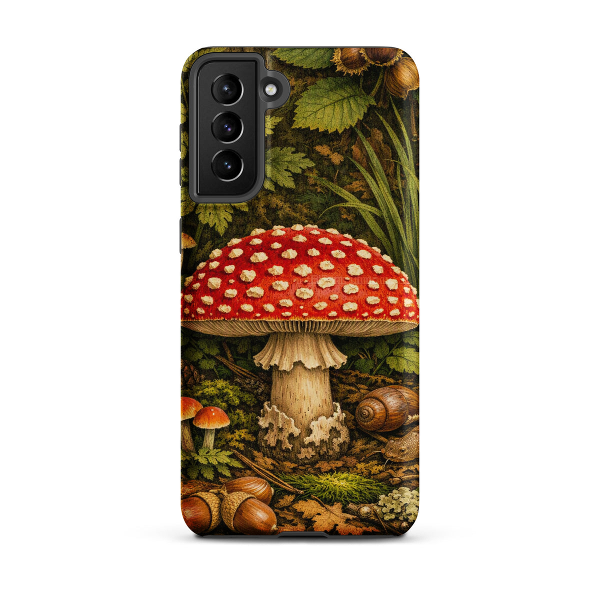 Phone Case for Samsung Galaxy with Amanita muscaria mushroom design, vivid forest theme, scarlet cap, white wart spots, nature illustration