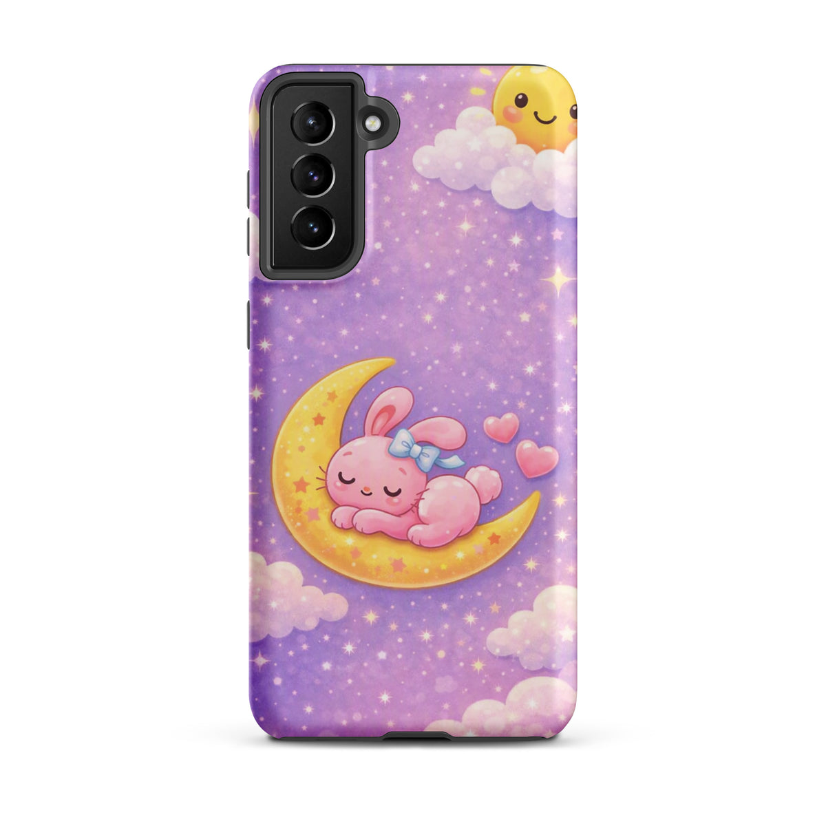 Phone Case for Samsung Galaxy - Cute, Cozy, Dreamy Bunny Moon Design with a pink bunny on a crescent moon under a starry sky.