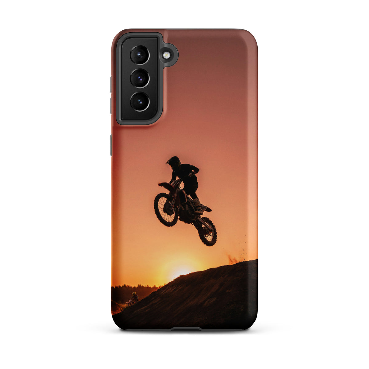 Phone Case for Samsung Galaxy with motocross sunset dirt bike design in burnt orange and black.
