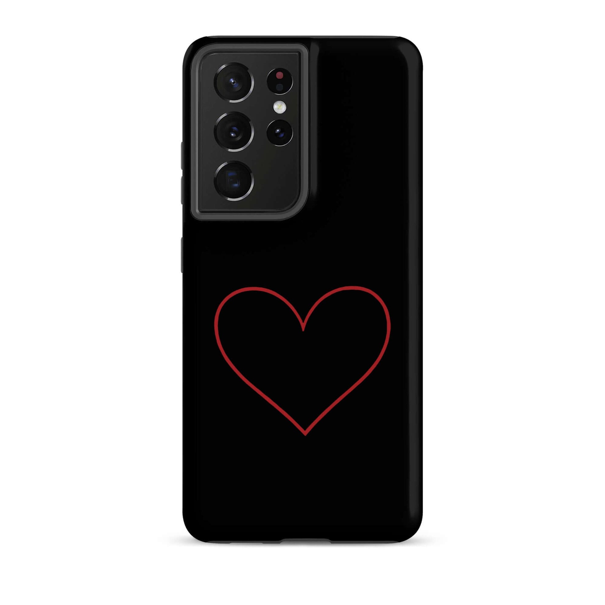Phone Case for Samsung Galaxy with minimalist crimson heart design on a sleek black background.