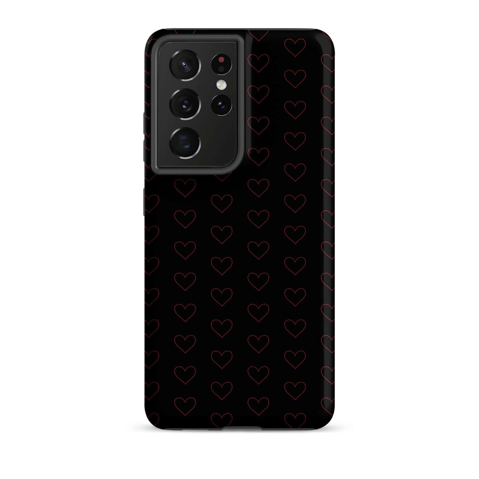 Phone Case for Samsung Galaxy featuring a stylish crimson heart pattern on a sleek black background.