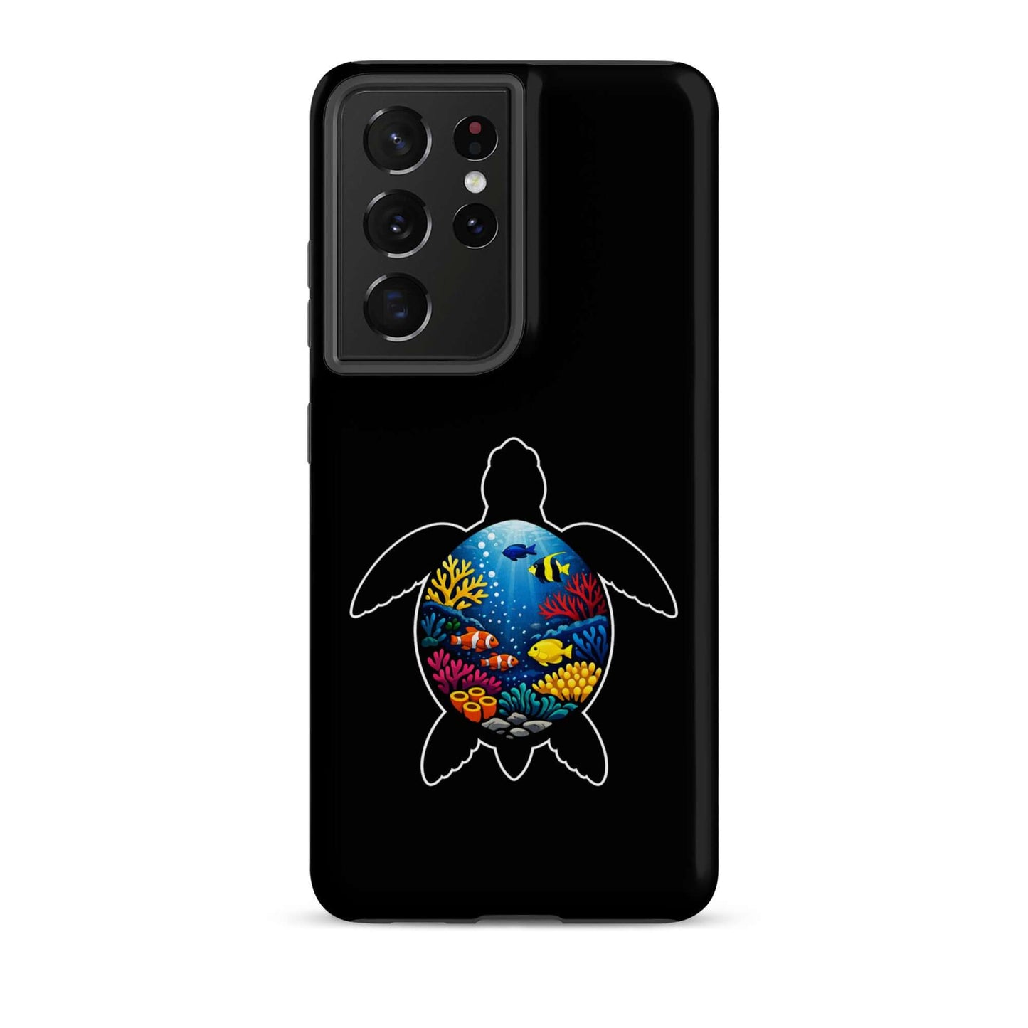 Phone case for Samsung Galaxy featuring a vibrant sea turtle reef design with colorful coral and fish.
