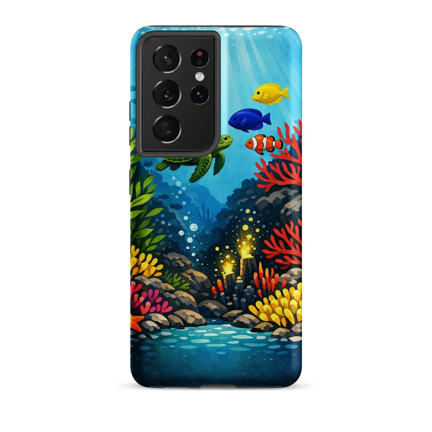 Phone case for Samsung Galaxy featuring vibrant sea turtle and coral reef design with colorful marine life.