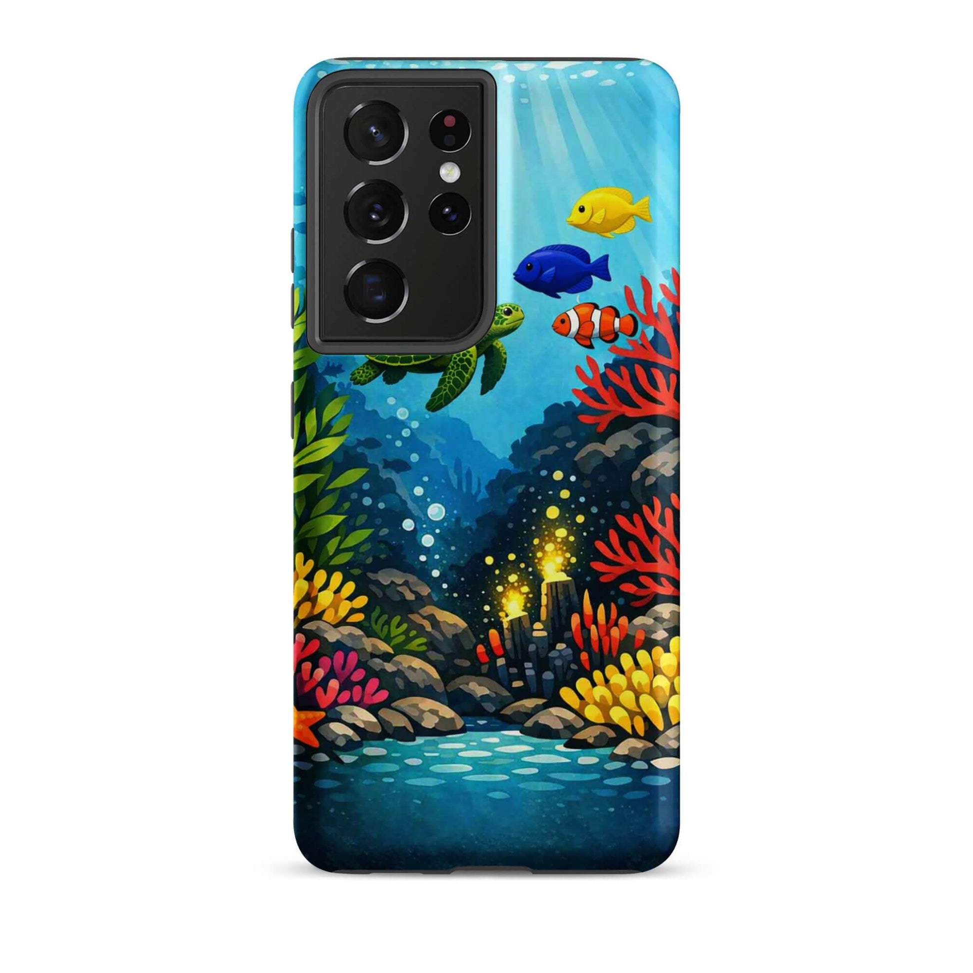 Phone case for Samsung Galaxy featuring vibrant sea turtle and coral reef design with colorful marine life.