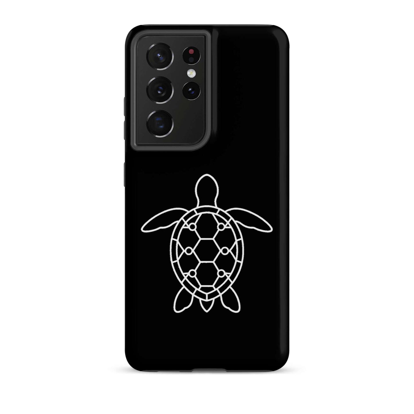 Phone case for Samsung Galaxy featuring a minimalist sea turtle silhouette against a black background.