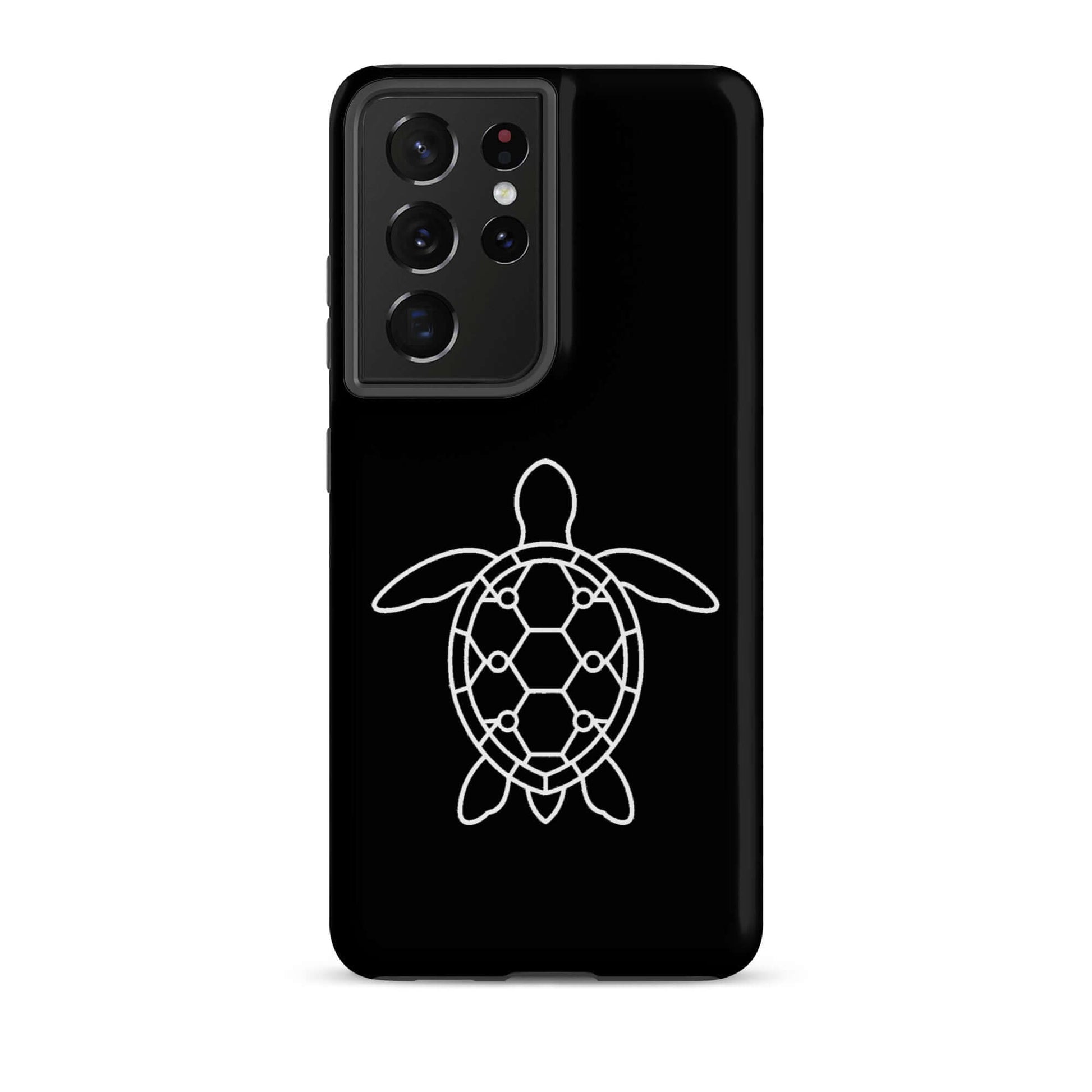 Phone case for Samsung Galaxy featuring a minimalist sea turtle silhouette against a black background.