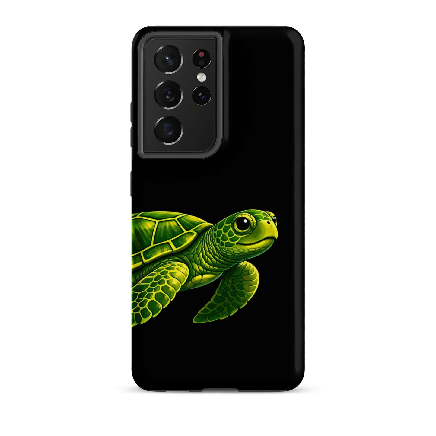 Phone case for Samsung Galaxy featuring a vibrant sea turtle design on a black background.