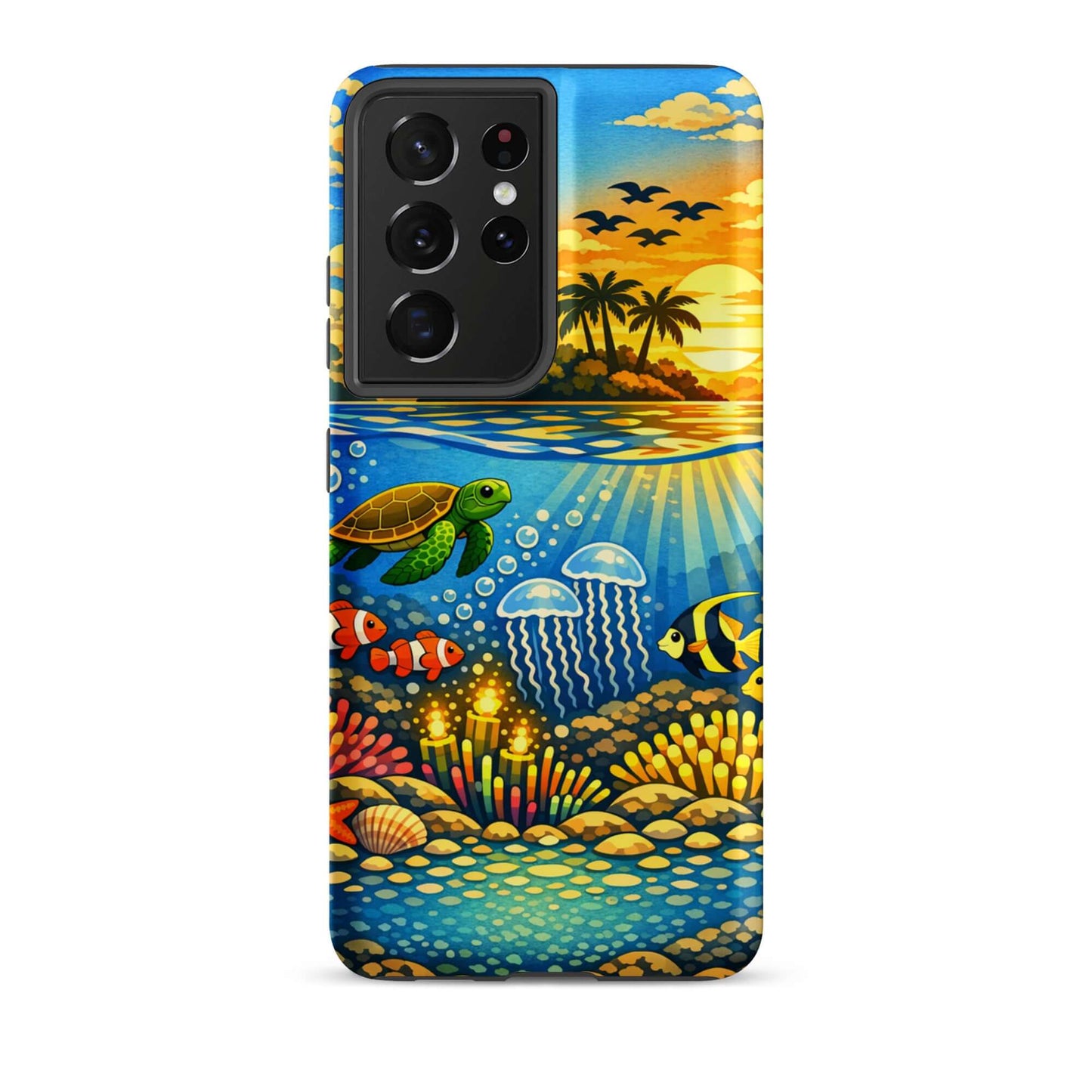 Phone Case for Samsung Galaxy featuring tropical sunset and underwater reef design with sea animals.