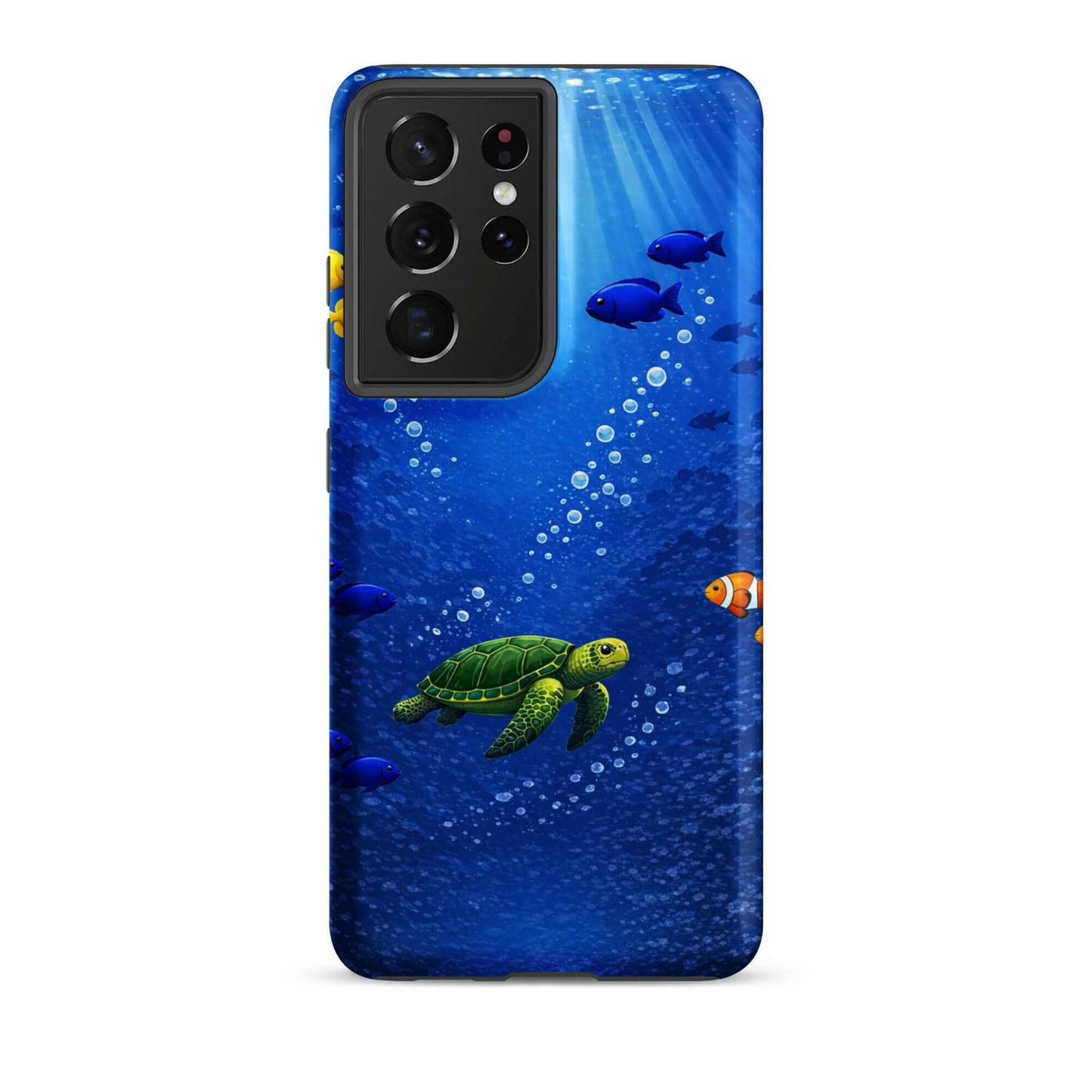 Phone Case showcasing a vibrant sea turtle and colorful fish design on a deep blue ocean background.