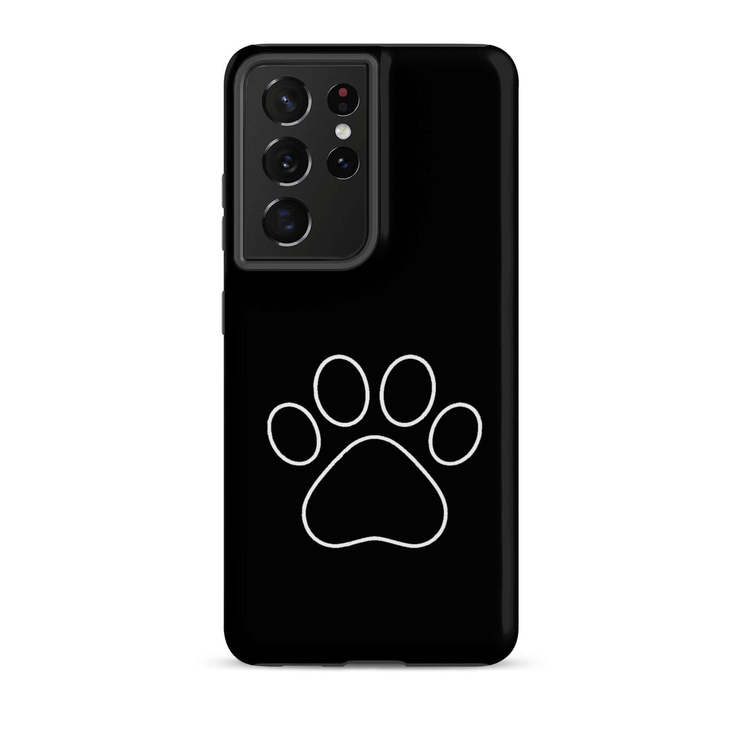 Phone Case for Samsung Galaxy featuring a minimalist white paw print design on a sleek black background.