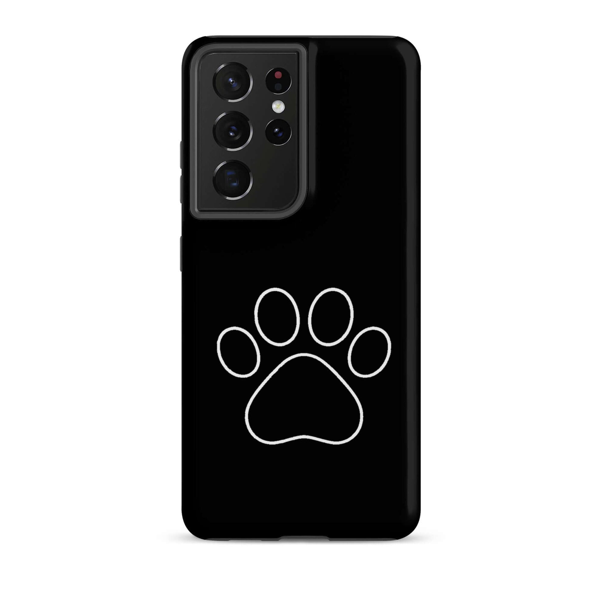 Phone Case for Samsung Galaxy featuring a minimalist white paw print design on a sleek black background.