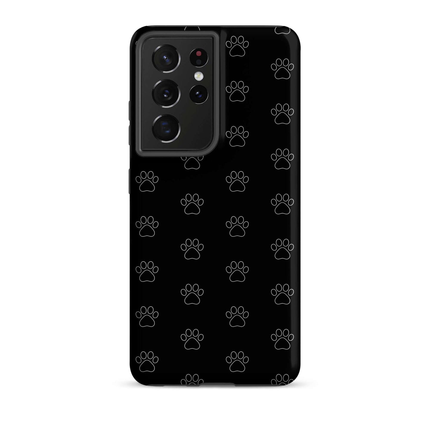 Phone Case for Samsung Galaxy featuring a black paw print pattern, perfect for pet lovers.