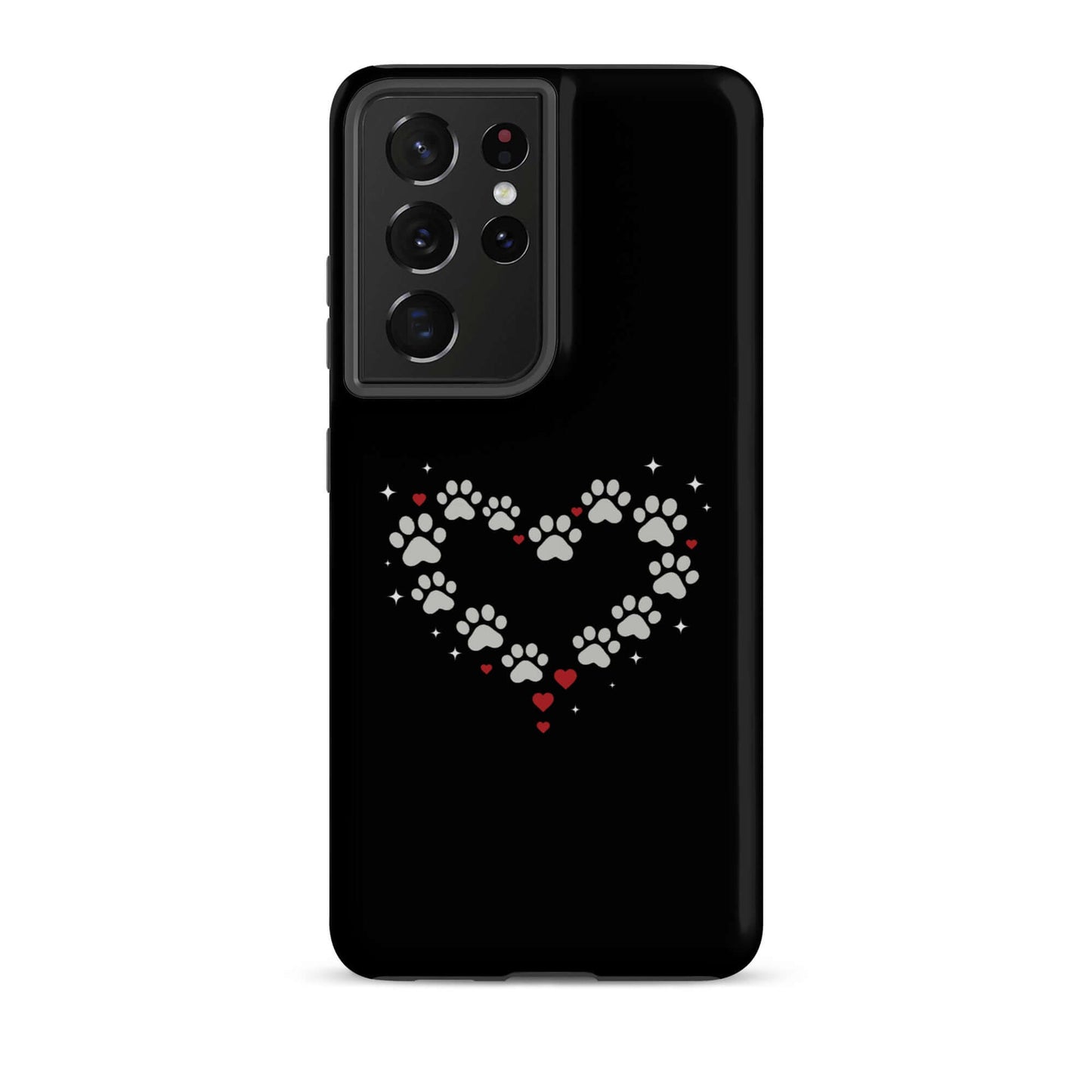 Phone Case for Samsung Galaxy with paw-print heart design on a black background.
