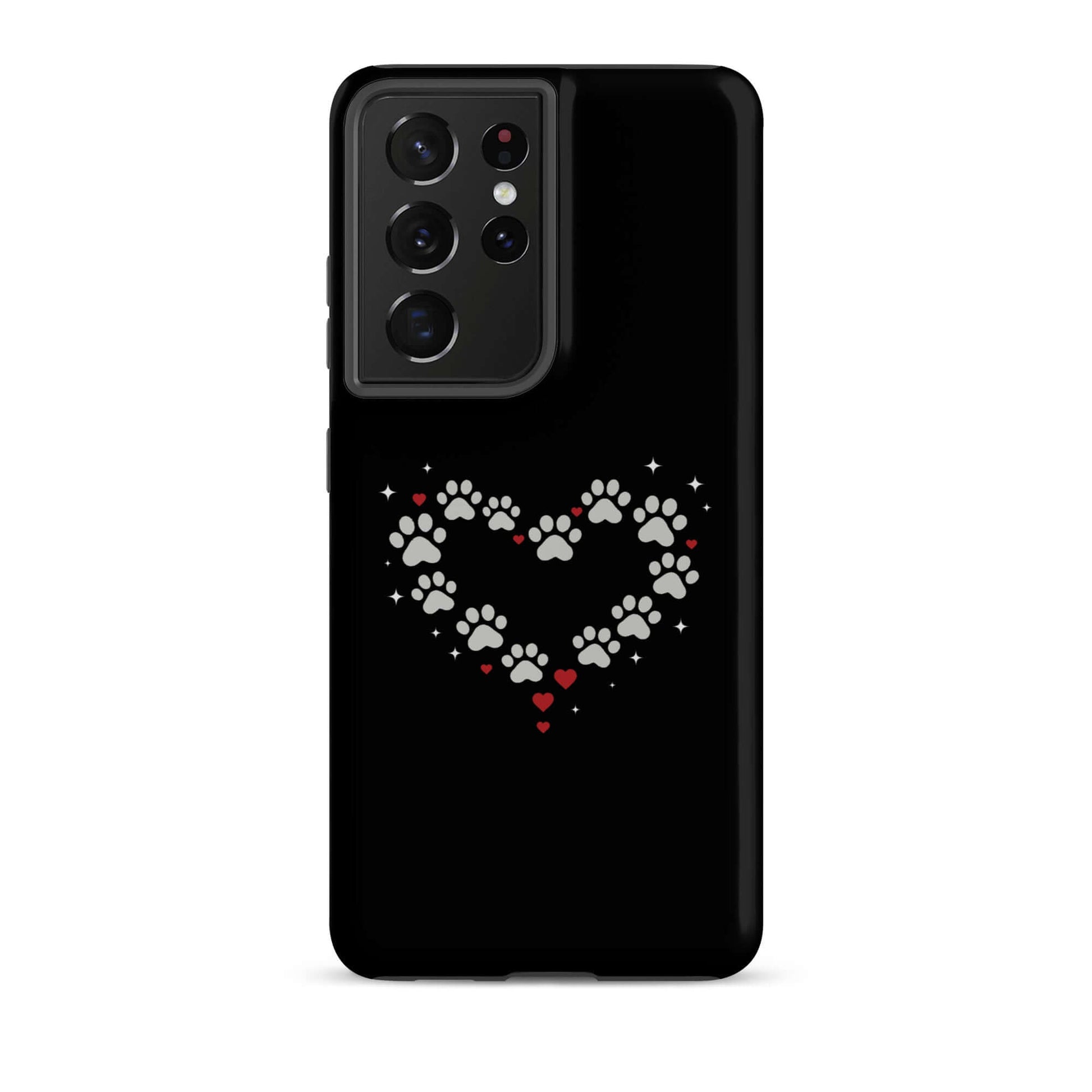 Phone Case for Samsung Galaxy with paw-print heart design on a black background.