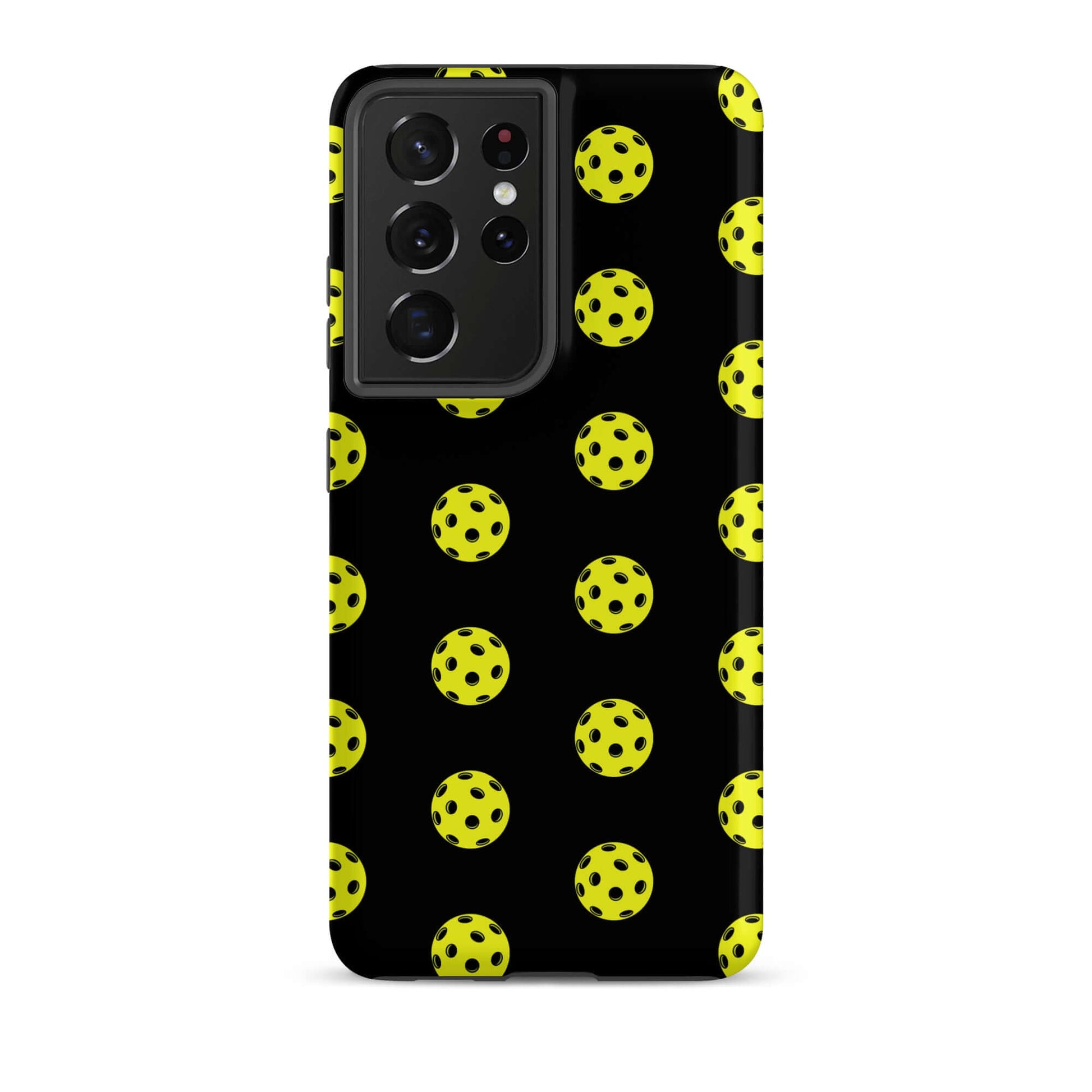 Phone Case for Samsung Galaxy featuring a vibrant pickleball pattern on a sleek black background.