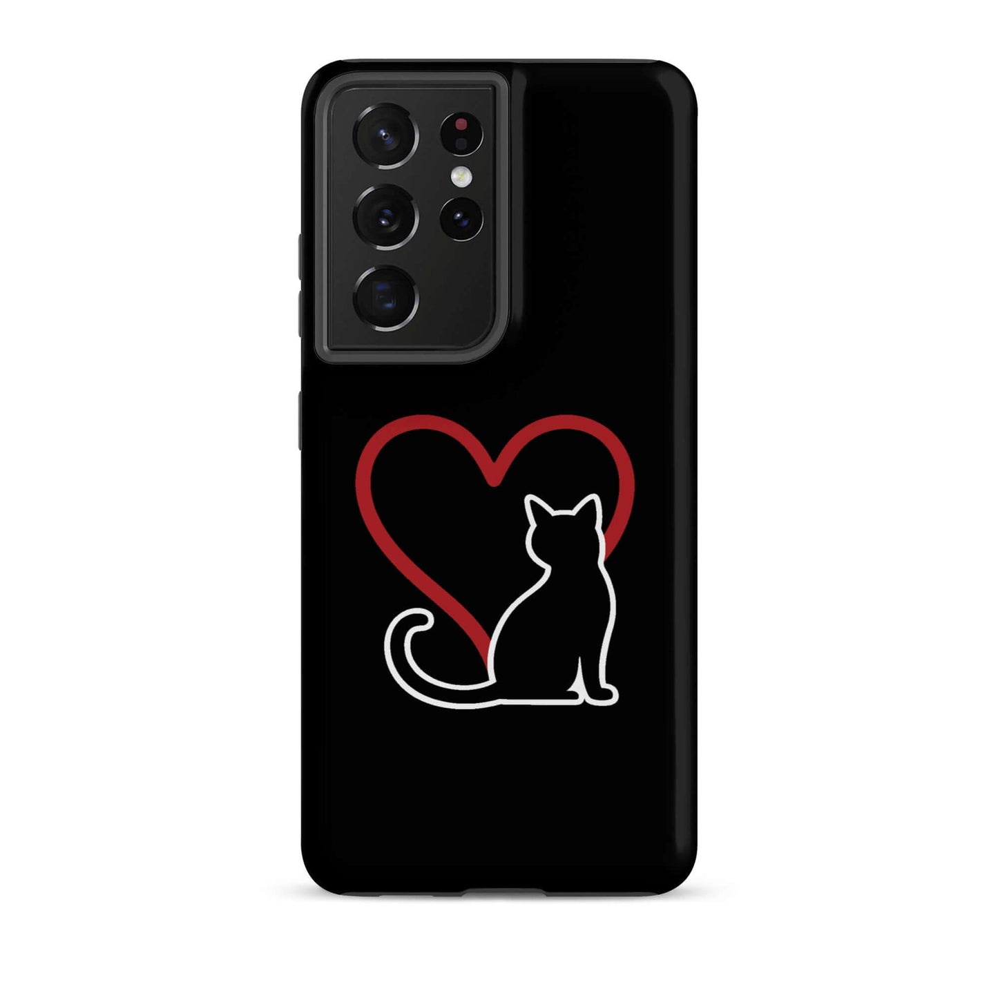 Phone Case featuring a minimalist white cat design sitting beside a red heart on a black background.