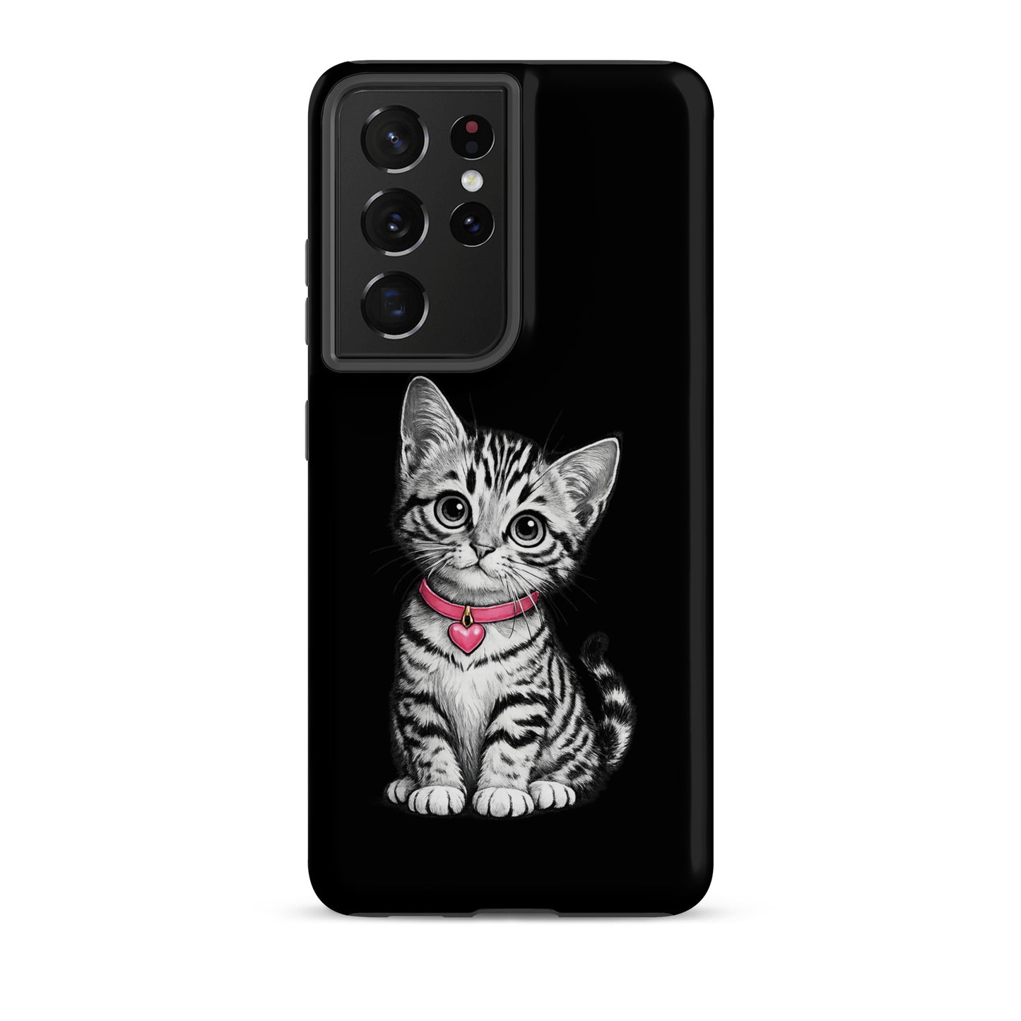 Phone Case for Samsung Galaxy featuring pencil-sketch kitten with pink heart charm, elegant black-and-white design, protective cover.