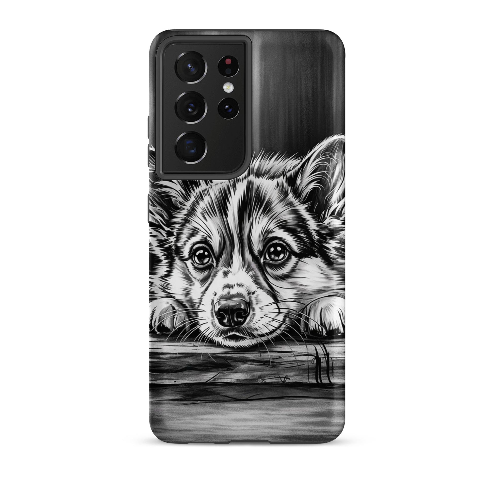 Phone Case with elegant puppy art for Samsung Galaxy, featuring black-and-white puppy illustration on wood background, premium protection.