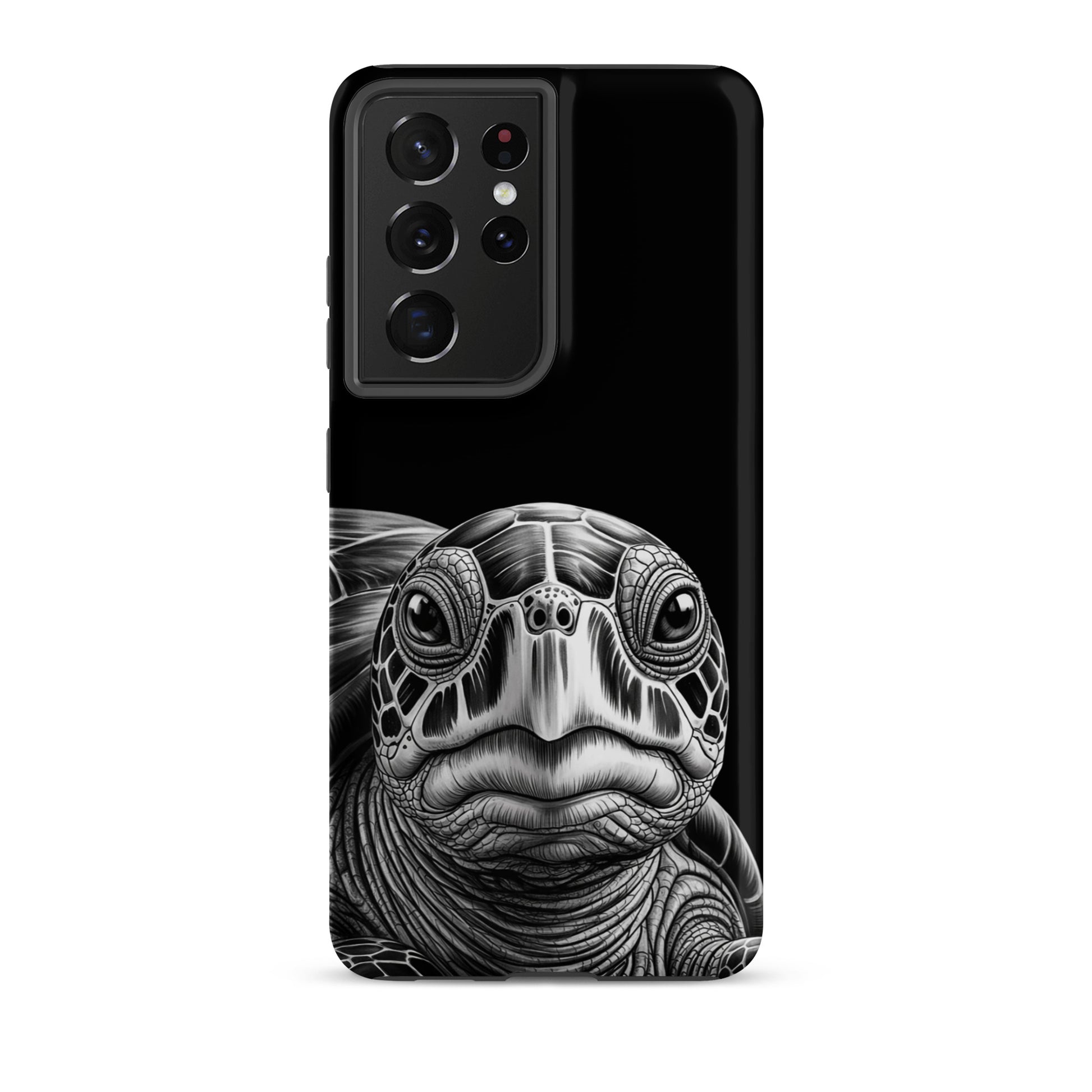 Phone Case for Samsung Galaxy with black and white ancient sea turtle sketch design, highlighting the turtle's detailed shell and gaze.