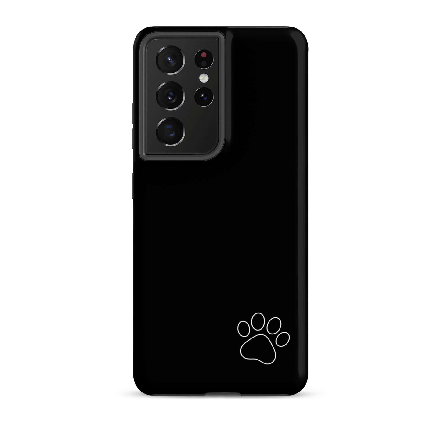 Black Phone Case for Samsung Galaxy with white paw print design in corner, minimalist style. Tough Case for pet and animal lovers.