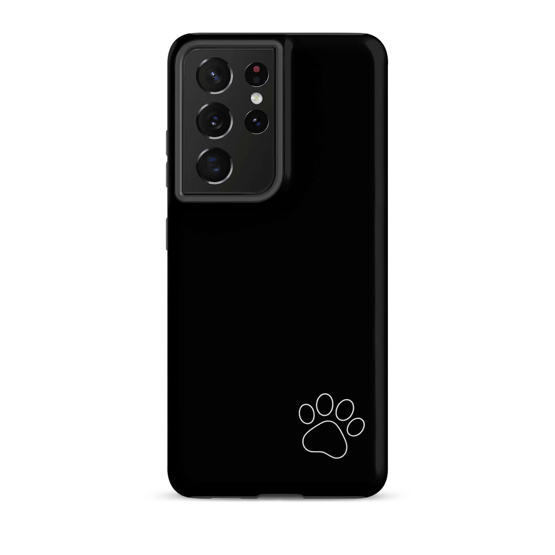 Black Phone Case for Samsung Galaxy with white paw print design in corner, minimalist style. Tough Case for pet and animal lovers.