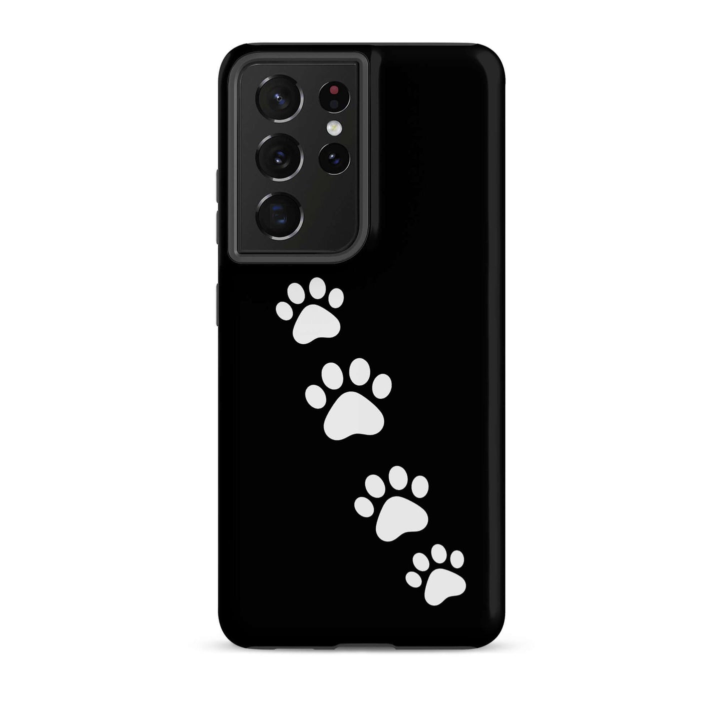 Phone case for Samsung Galaxy featuring white paw-print trail on black background, perfect for playful pet lovers.