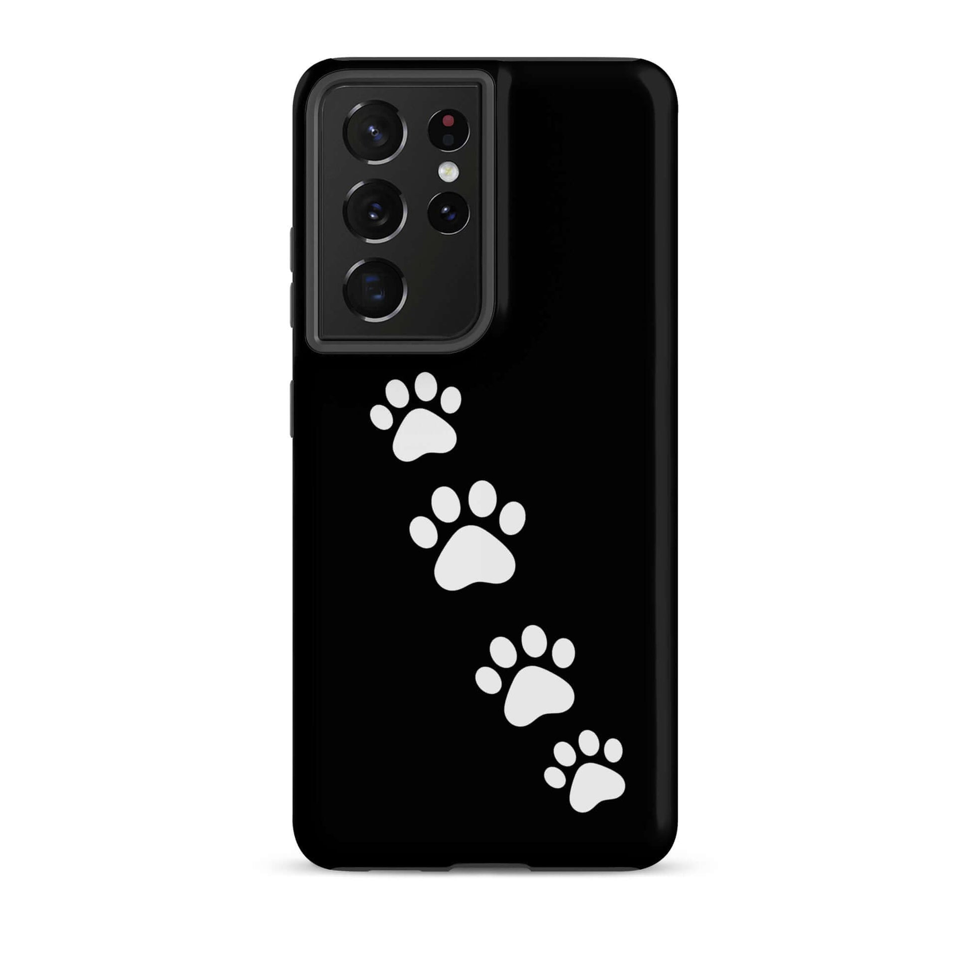 Phone case for Samsung Galaxy featuring white paw-print trail on black background, perfect for playful pet lovers.
