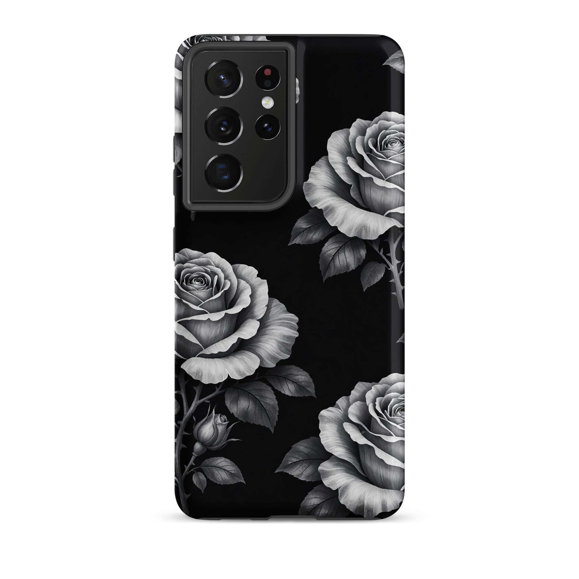 Phone Case for Samsung Galaxy with rose garden design on black background, featuring sketched roses and leaves for elegant look.
