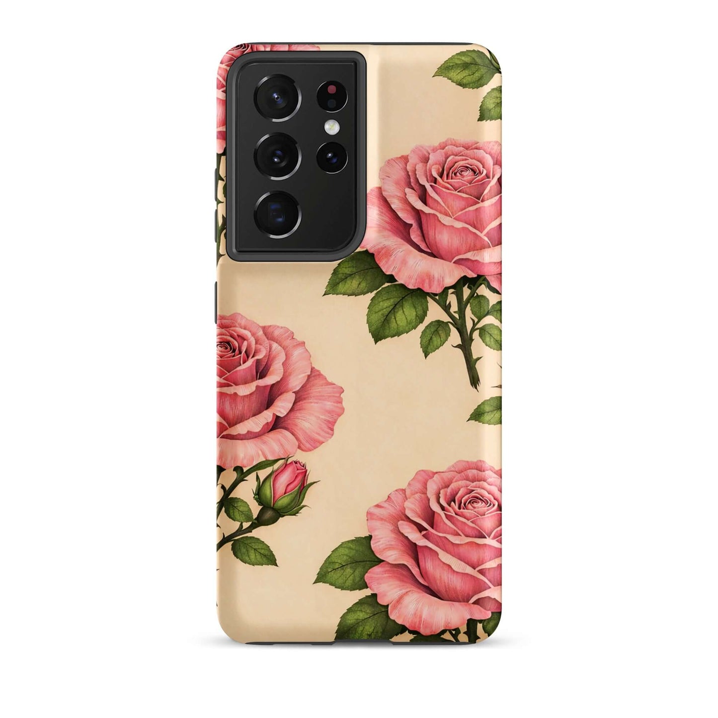 Phone Case for Samsung Galaxy with pink roses and cream background, elegant floral design enhancing phone protection and style.