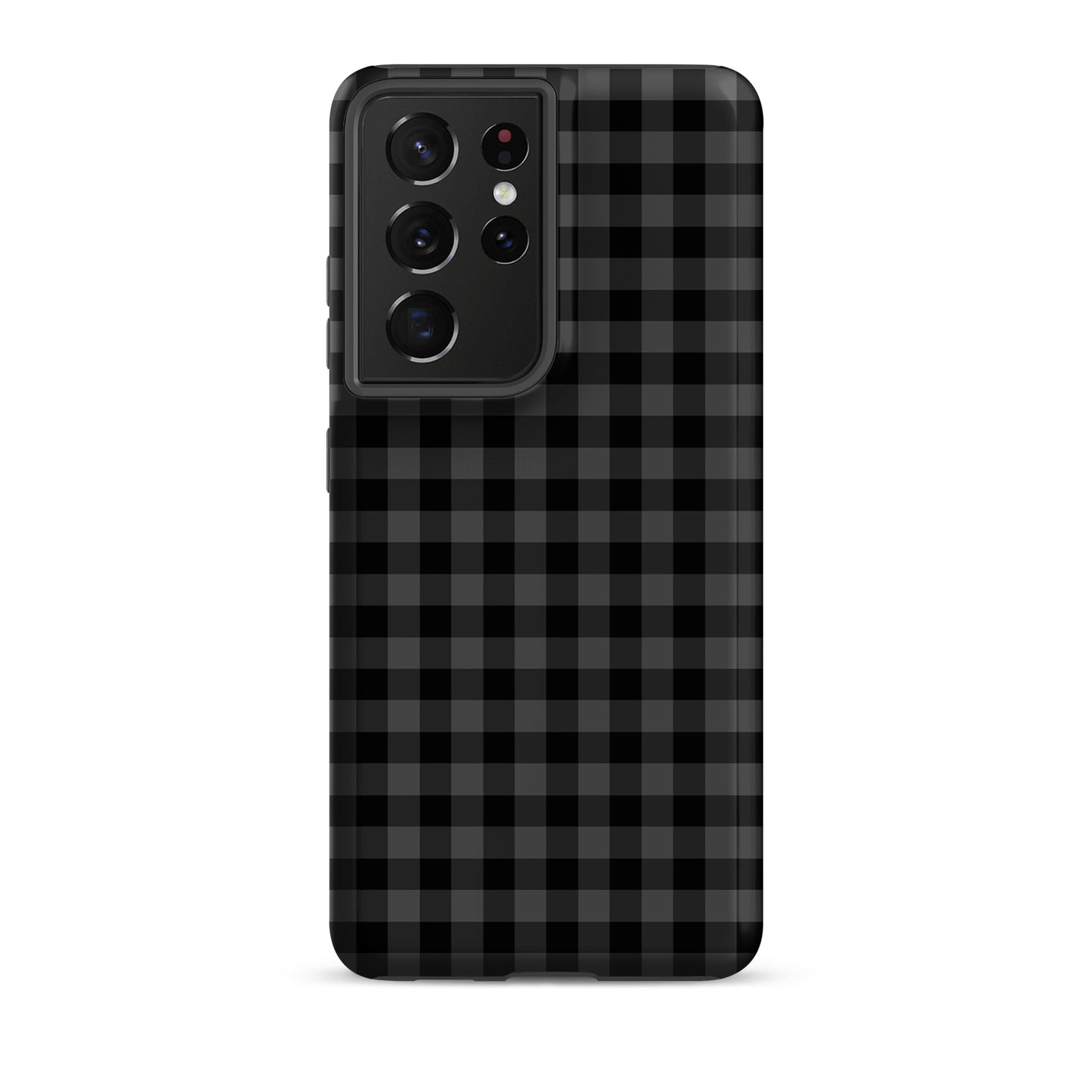 Phone Case for Samsung Galaxy with black and charcoal gingham pattern offering style and protection.