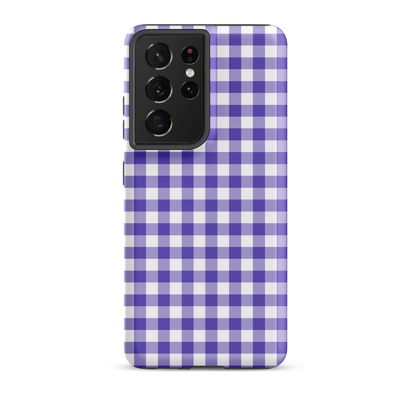 Phone case for Samsung Galaxy with purple gingham pattern, stylish and durable design for protection and charm.