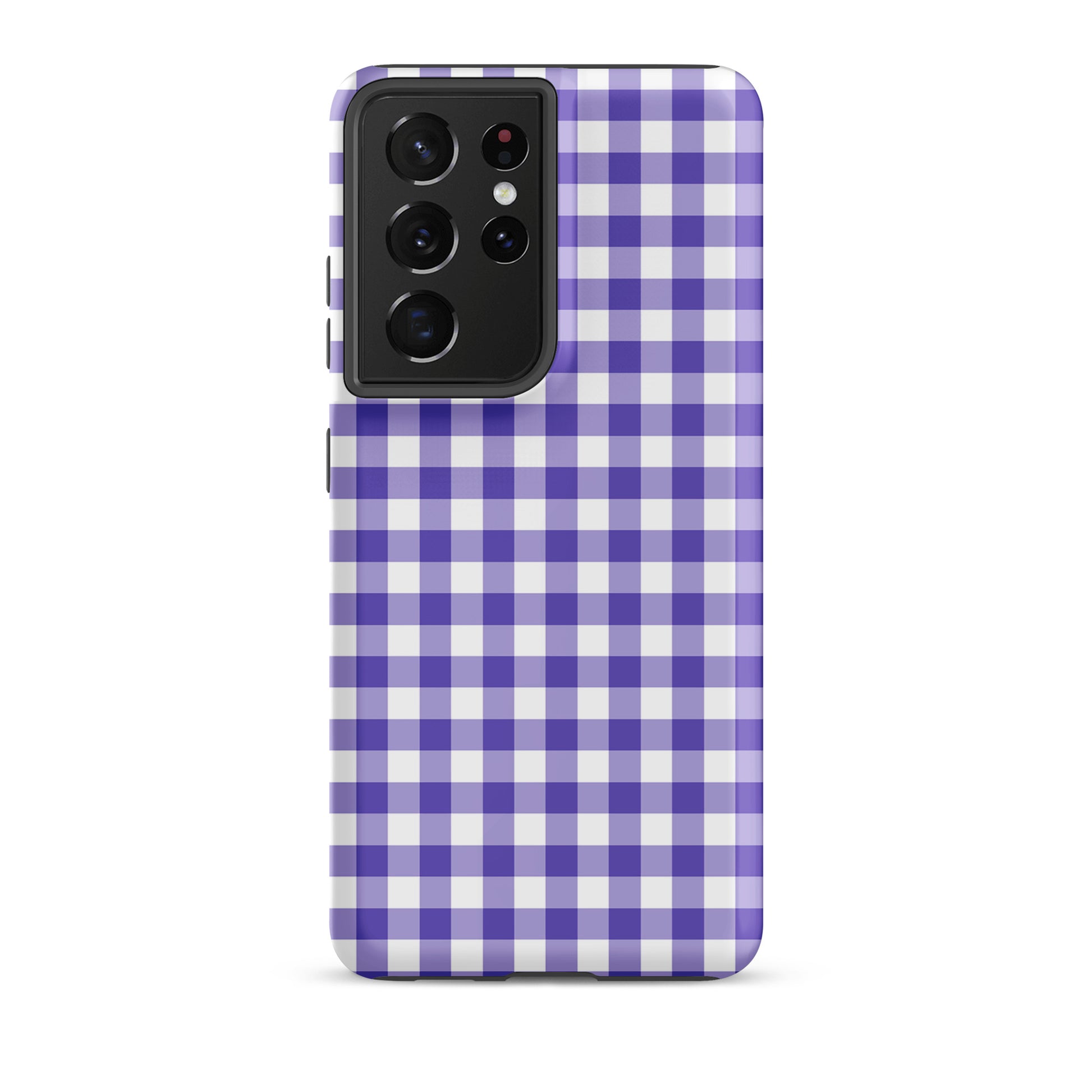 Phone case for Samsung Galaxy with purple gingham pattern, stylish and durable design for protection and charm.