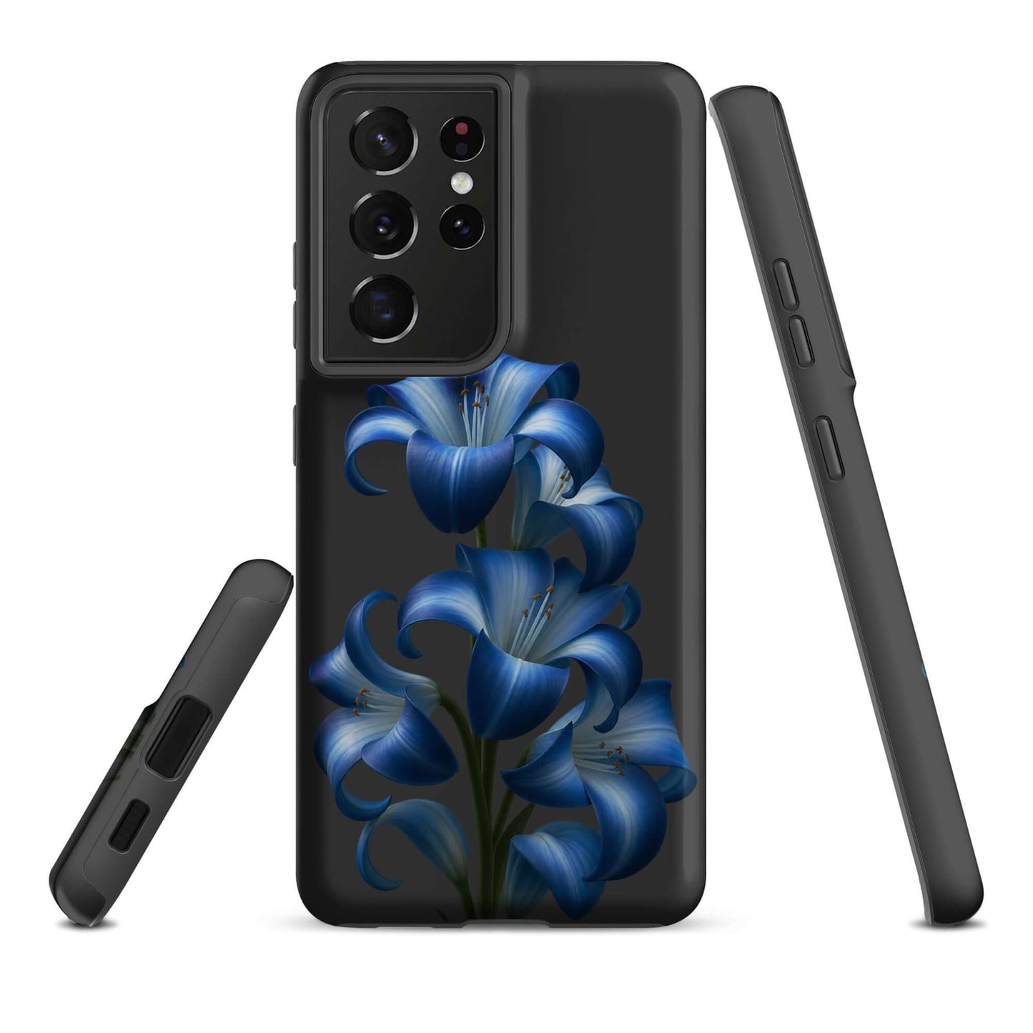 Phone Case for Samsung Galaxy with Blue Lily Bloom Art on sleek black background, showcasing vibrant floral design and sturdy protection.