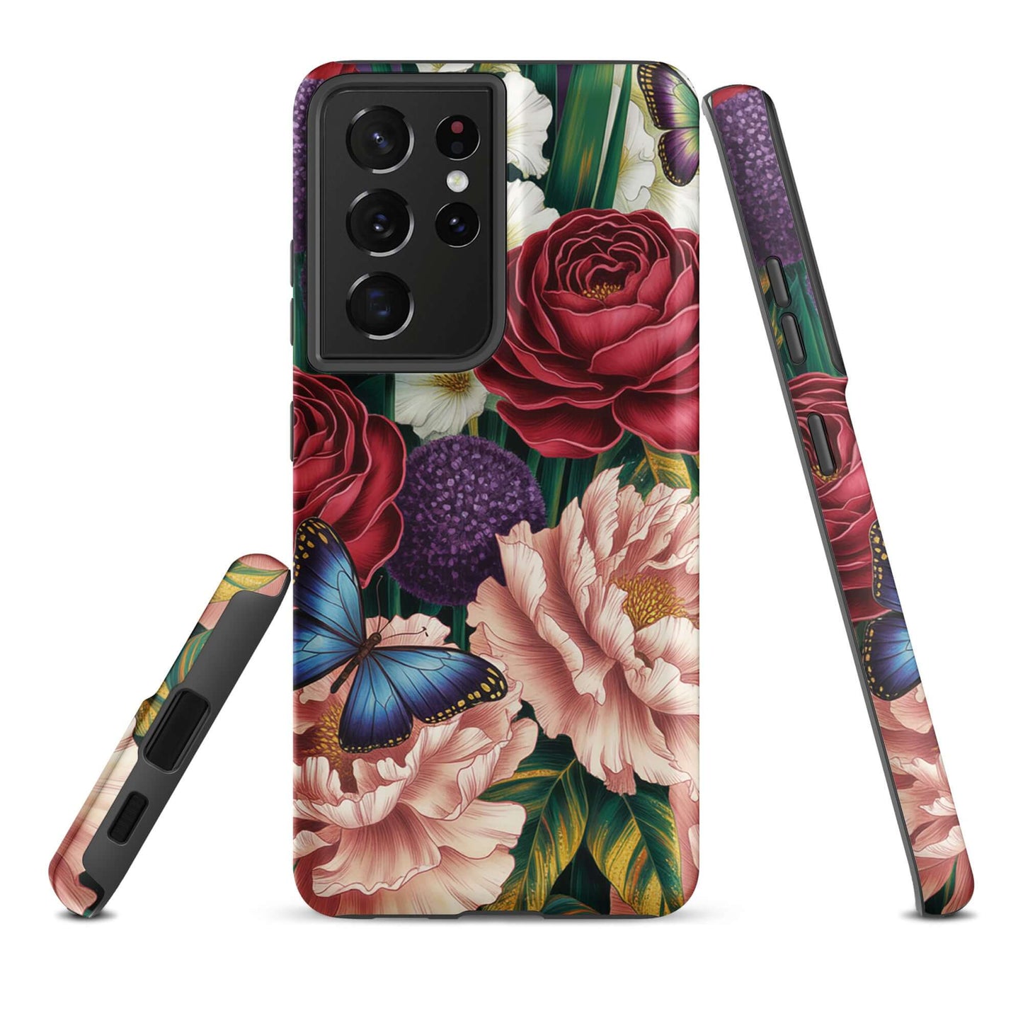 Phone Case for Samsung Galaxy with botanical garden bloom design featuring roses, peonies, alliums, butterflies, and rich foliage.