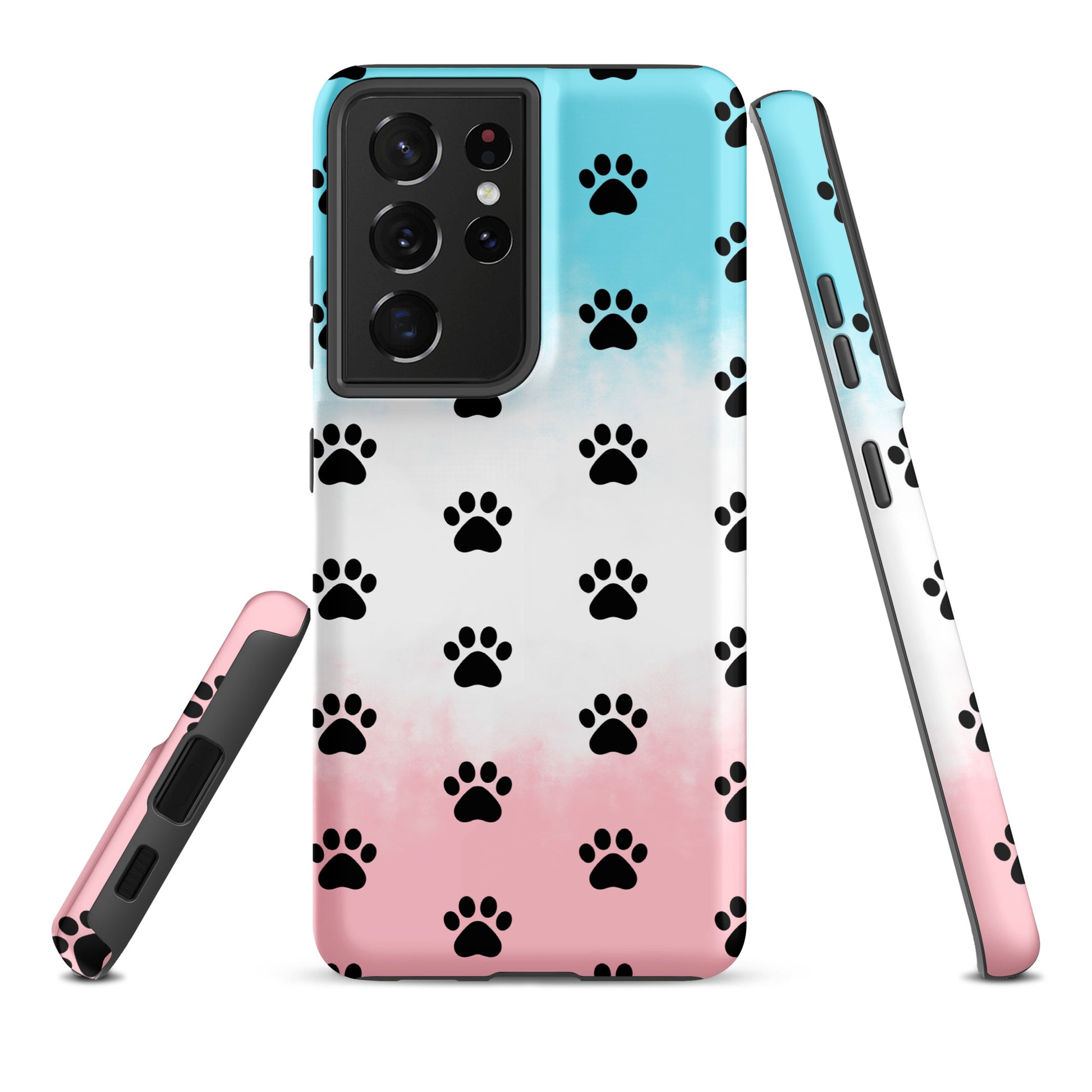 Phone Case for Samsung Galaxy with paw print pattern, showcasing pet lover design in transparent finish with pink and blue hues.