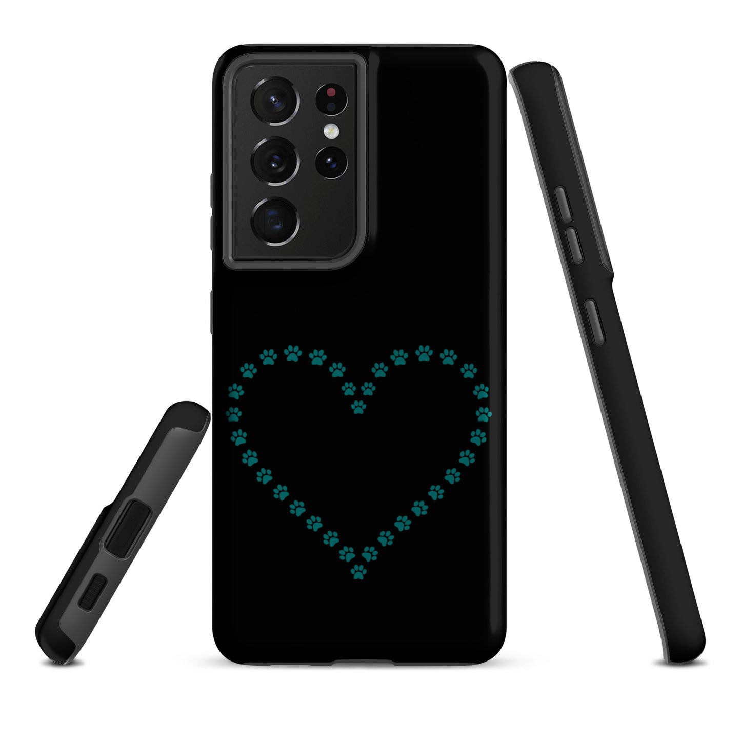Phone Case for Samsung Galaxy with black and teal paw print heart design, ideal for pet lovers seeking style and durability.
