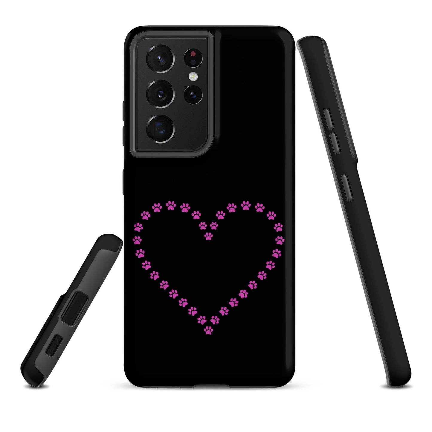 Phone Case for Samsung Galaxy with pink paw print heart design for pet lovers, black background, durable protection for cat and dog enthusiasts.