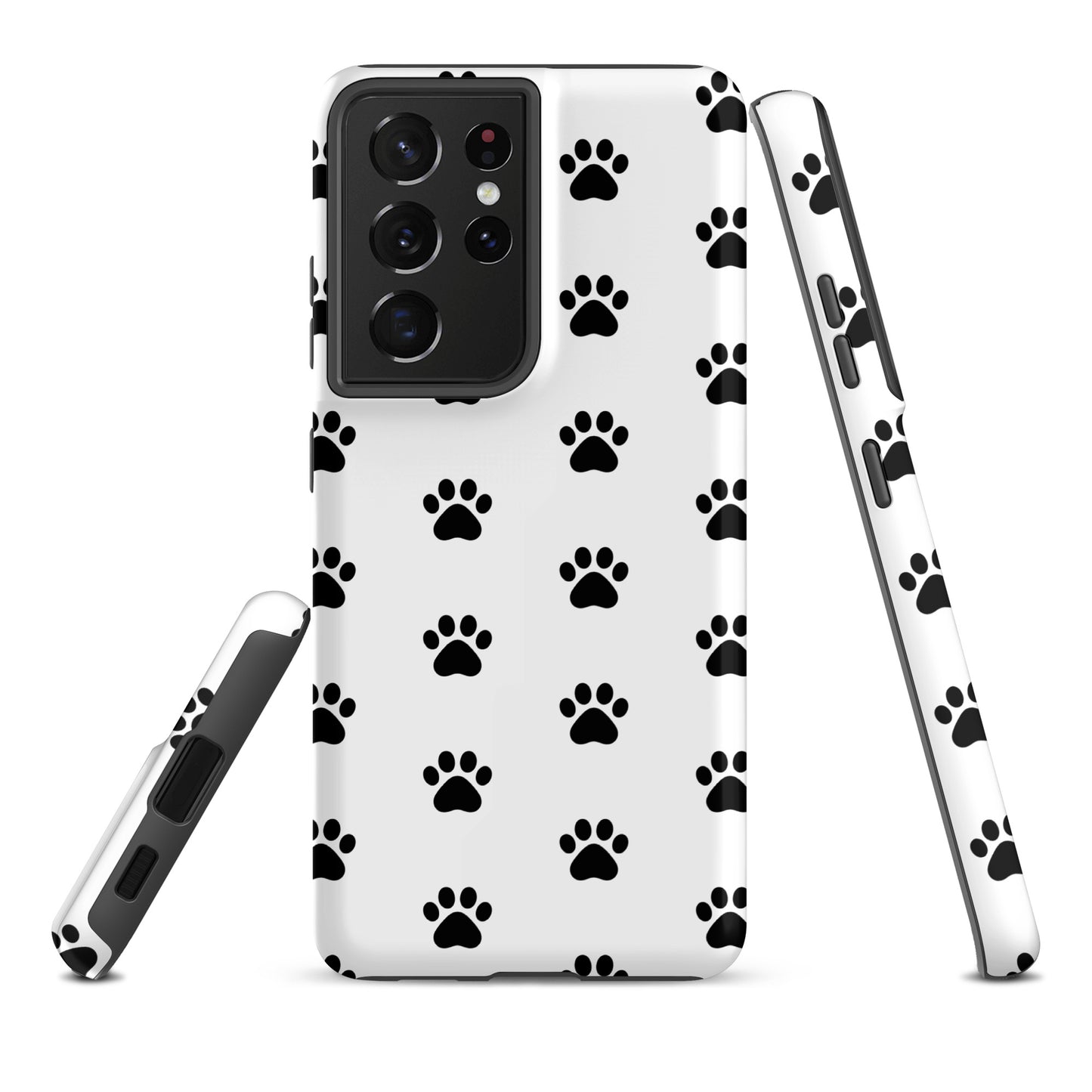 Phone Case for Samsung Galaxy with stylish paw print design for pet lovers, featuring minimalist black paw icons on white background.