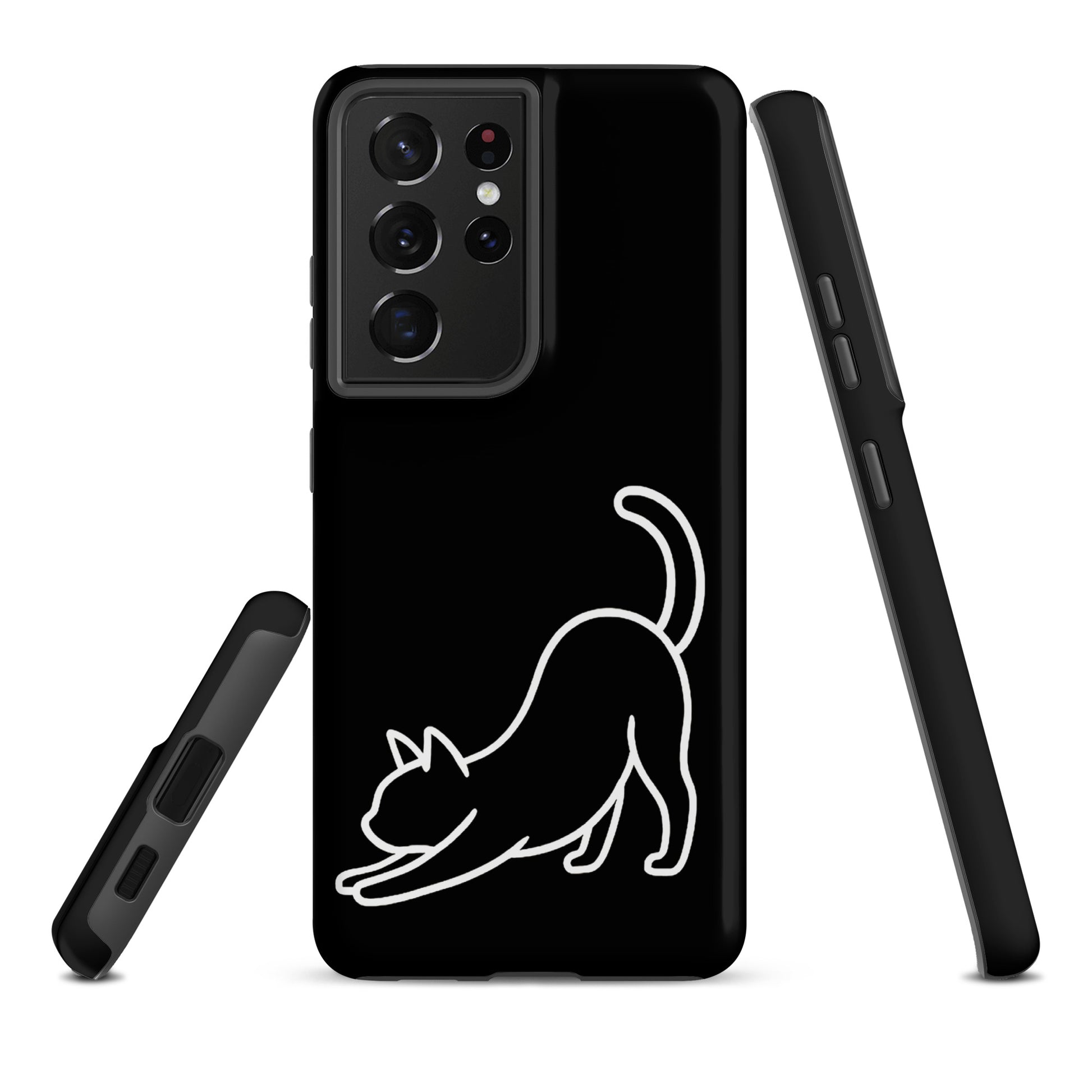 Phone Case for Samsung Galaxy with minimalist stretching cat design, offering sleek aesthetics and impact protection for cat lovers.