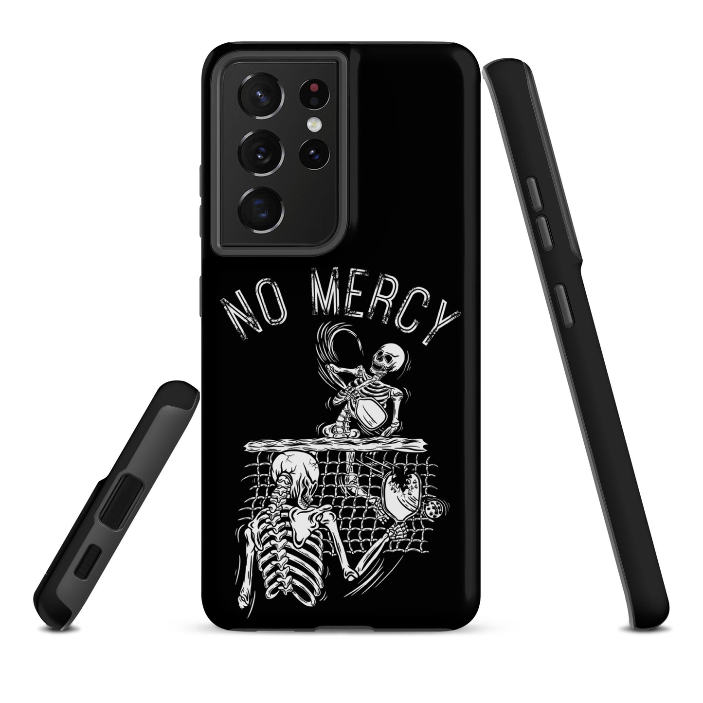 Pickleball Samsung Galaxy case with "No Mercy" skeleton design, showcasing aggressive court style and high-impact phone protection.