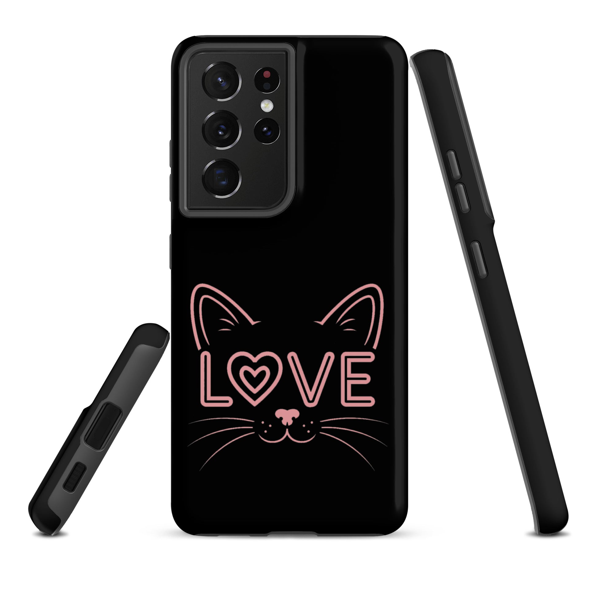 Cat Love phone case for Samsung Galaxy with minimalist cat face design and 'love' text, showcasing stylish feline protection.
