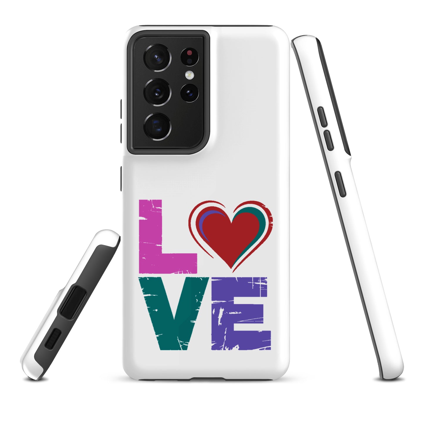 Phone Case Love Dual Layer Tough Case for Samsung Galaxy featuring colorful 'LOVE' design with heart symbol.