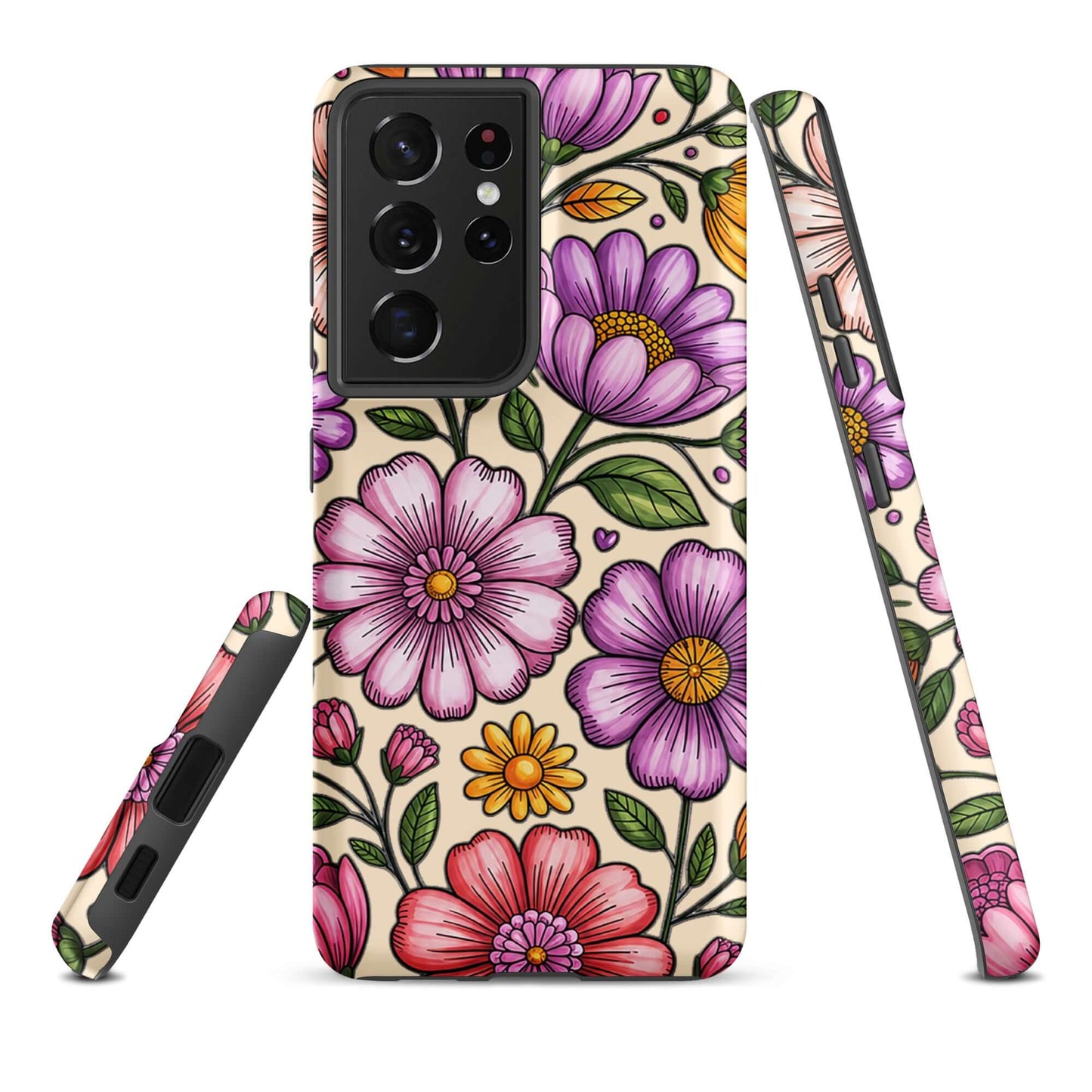 Phone Case for Samsung Galaxy with pastel floral design, showcasing vibrant flowers against a dark background.
