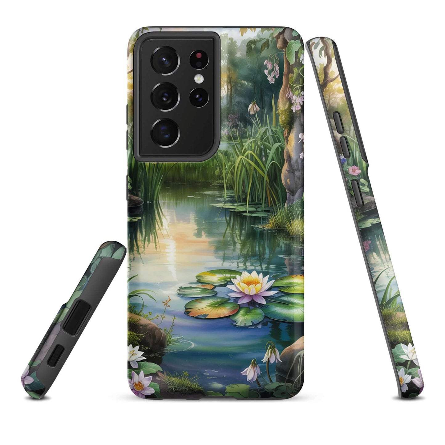 Phone Case for Samsung Galaxy with enchanted pond design, featuring water lilies, lush greenery, and serene sunset reflections.